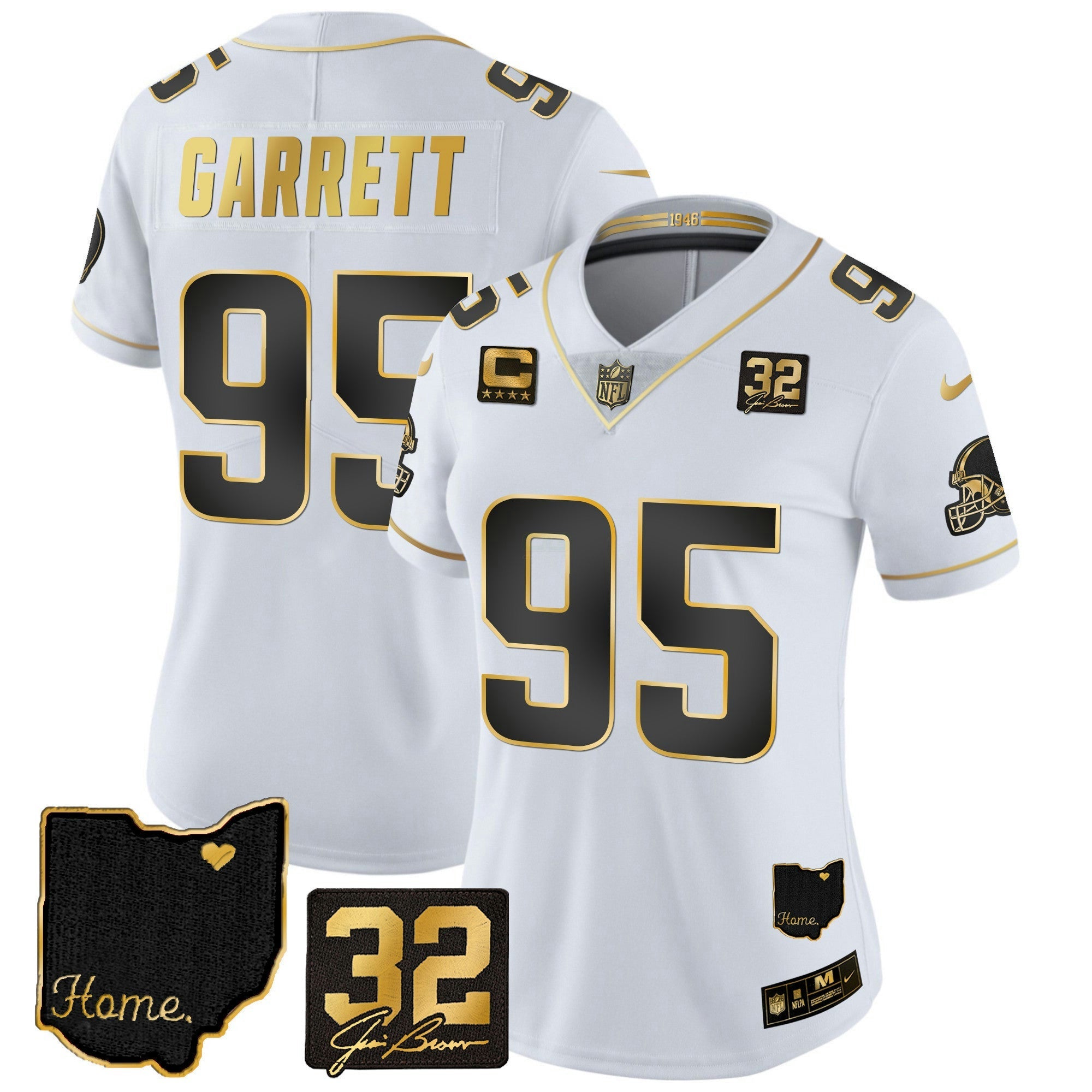 Camisa NFL Women’s #32 Jim Brown Memorial & Home Patch Dourada Jersey
