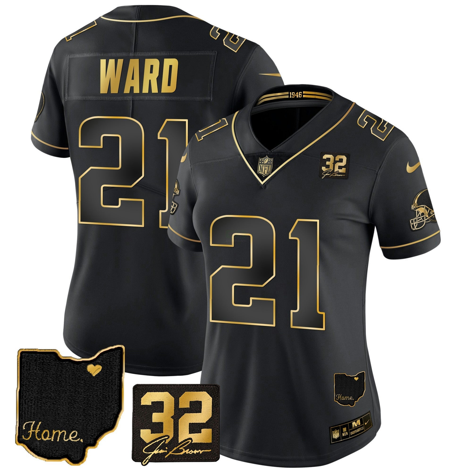 Camisa NFL Women’s #32 Jim Brown Memorial & Home Patch Dourada Jersey
