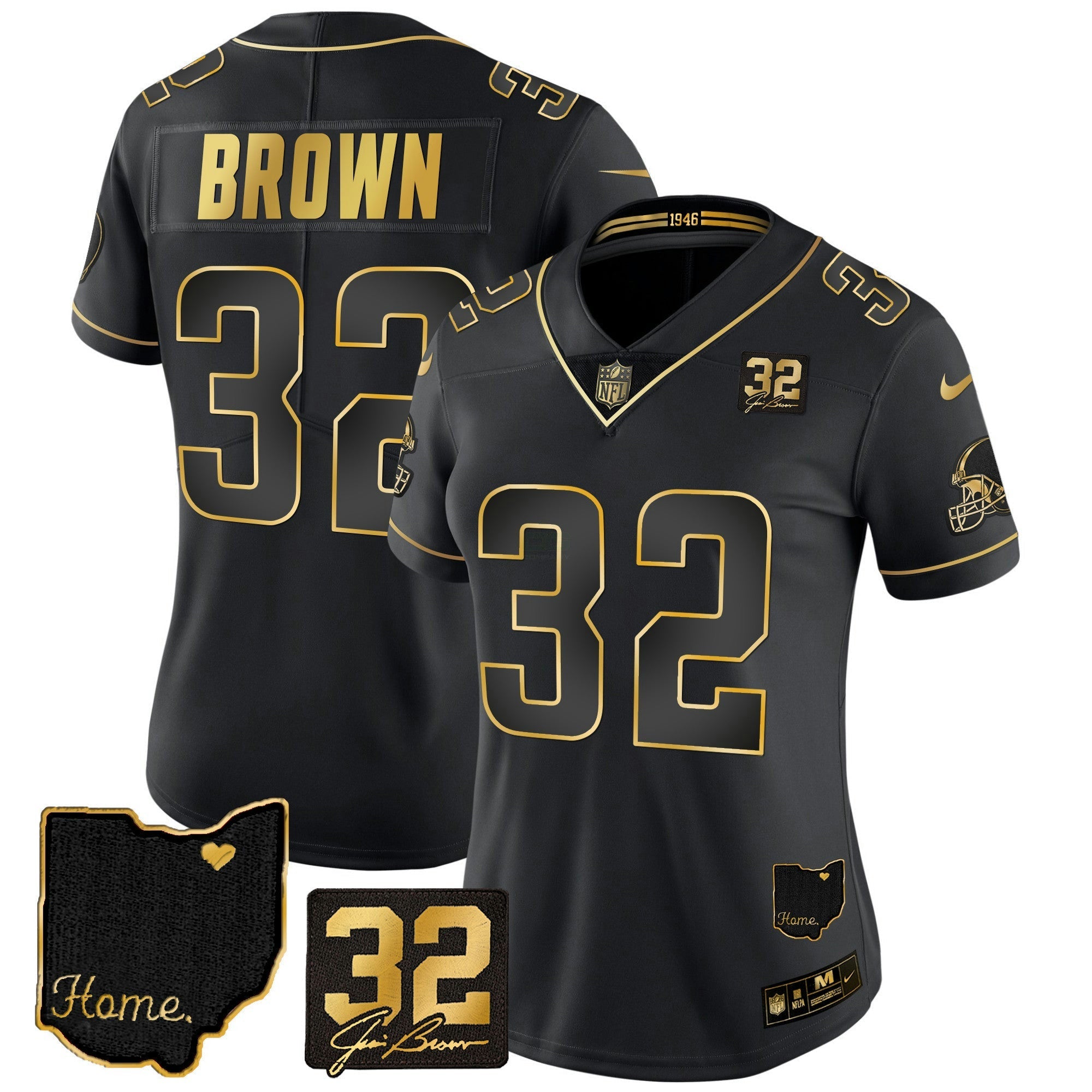 Camisa NFL Women’s #32 Jim Brown Memorial & Home Patch Dourada Jersey