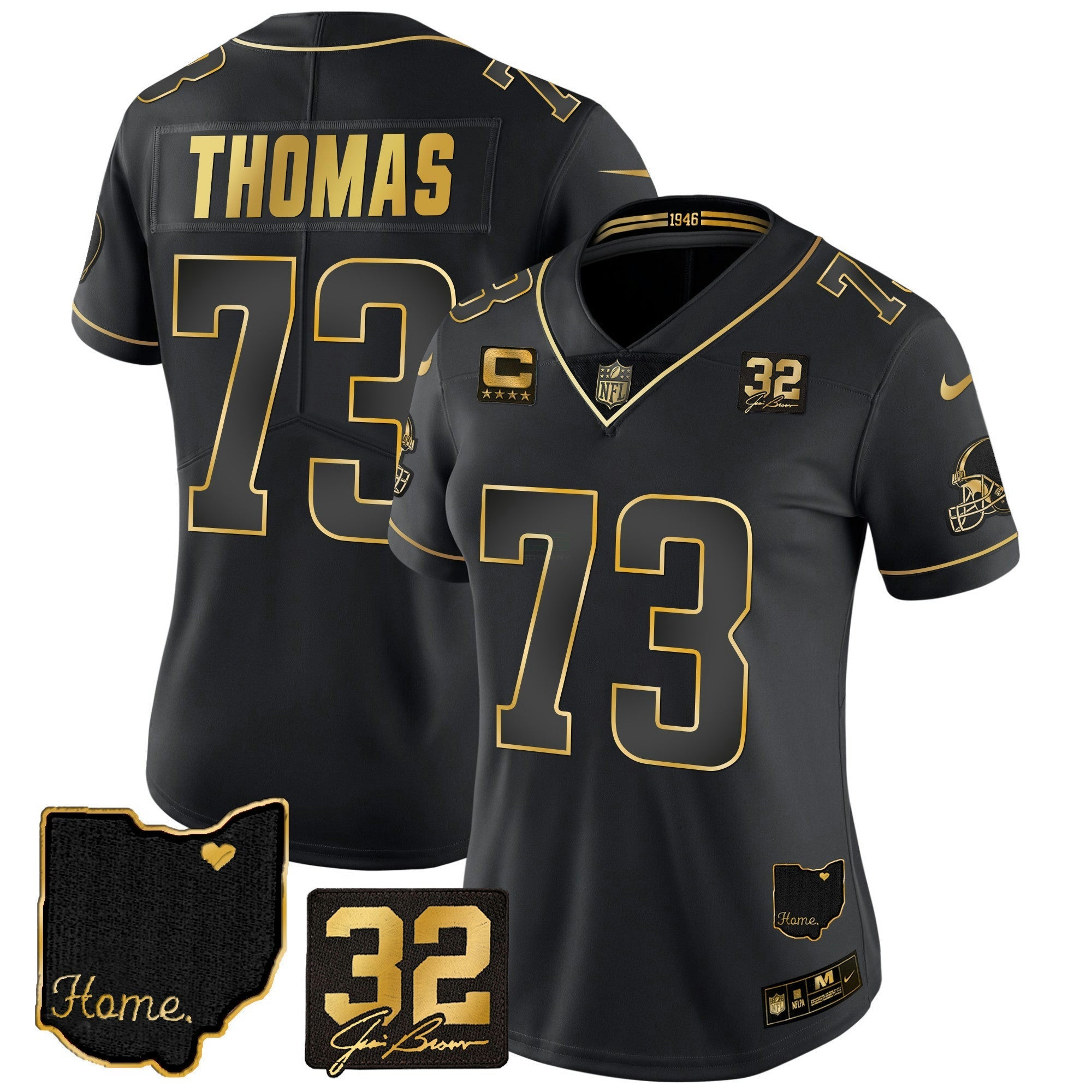 Camisa NFL Women’s #32 Jim Brown Memorial & Home Patch Dourada Jersey