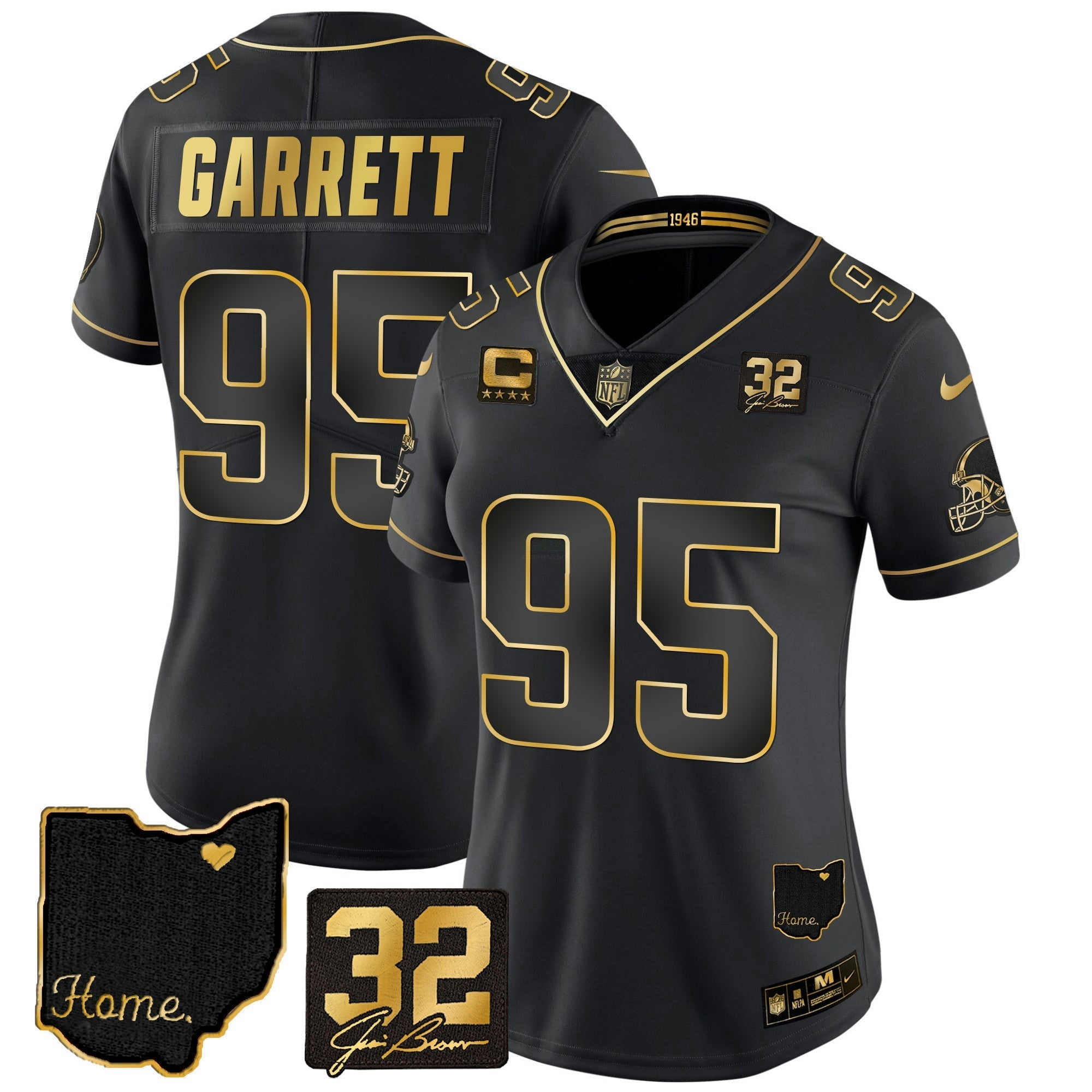 Camisa NFL Women’s #32 Jim Brown Memorial & Home Patch Dourada Jersey