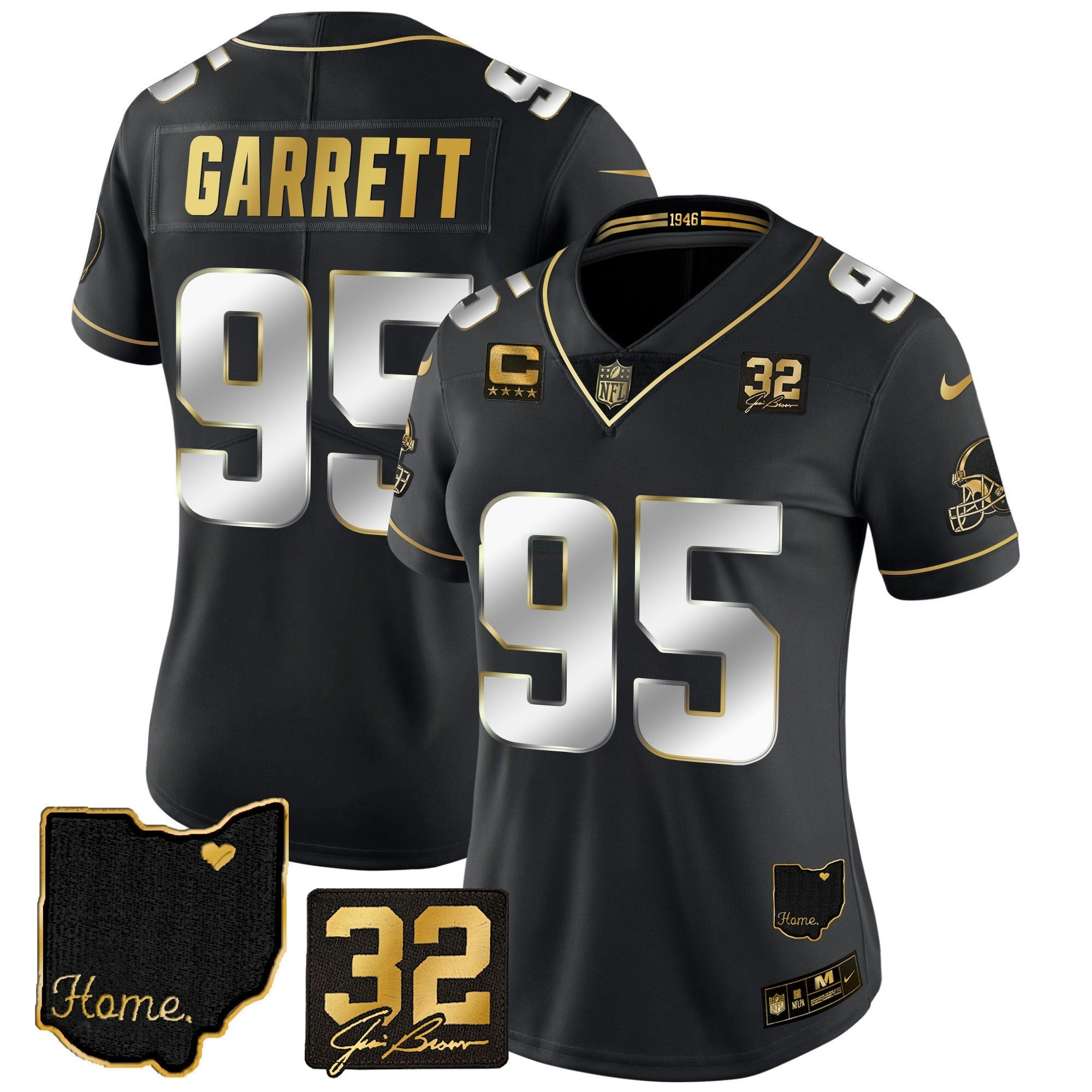 Camisa NFL Women’s #32 Jim Brown Memorial & Home Patch Dourada Jersey