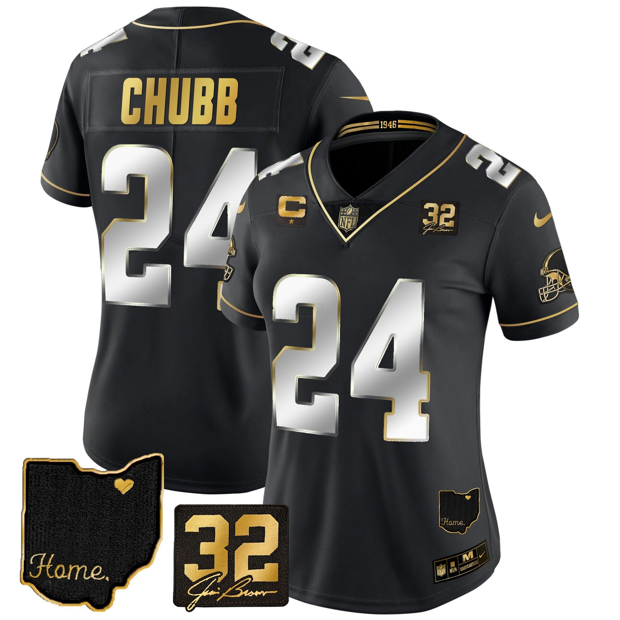 Camisa NFL Women’s #32 Jim Brown Memorial & Home Patch Dourada Jersey