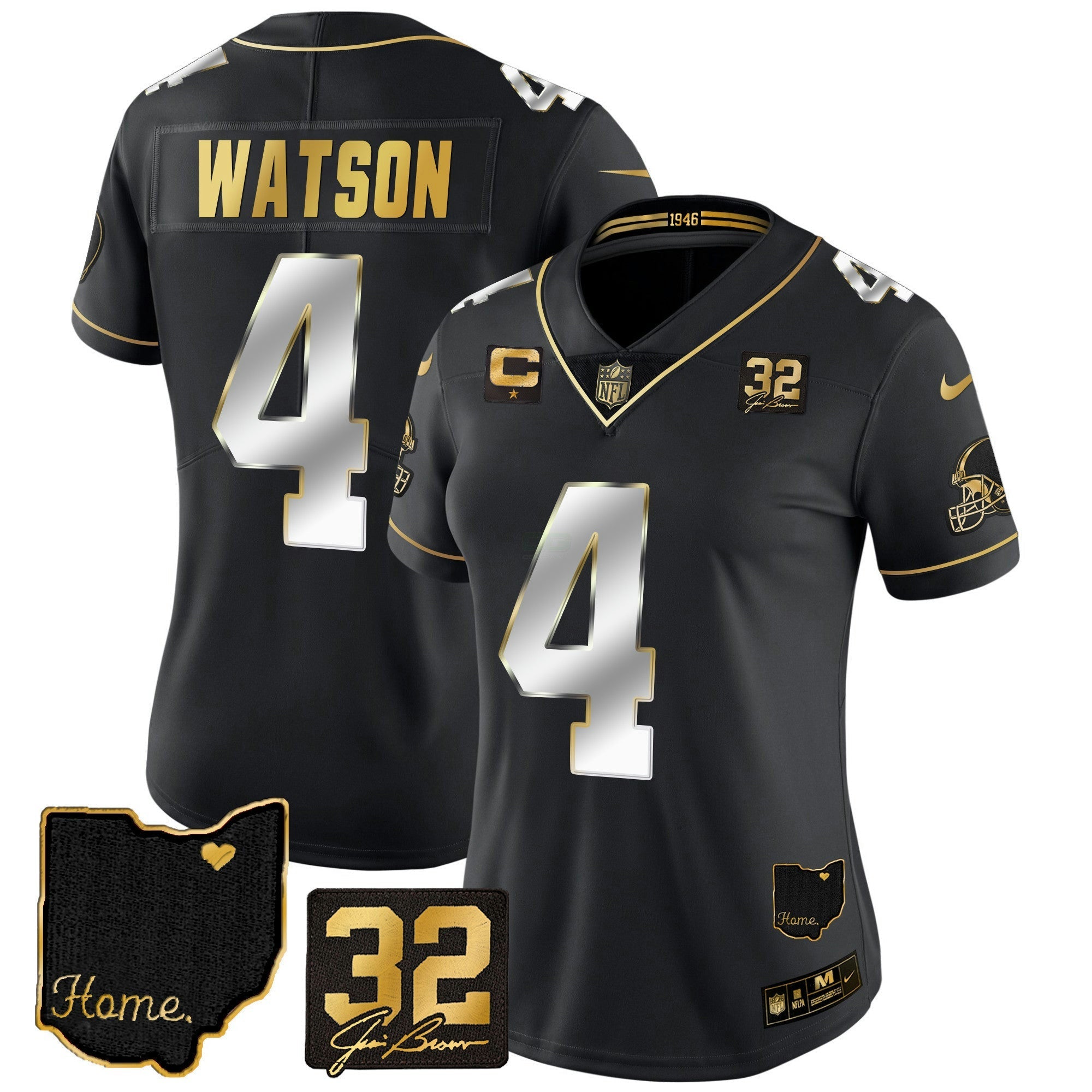 Camisa NFL Women’s #32 Jim Brown Memorial & Home Patch Dourada Jersey