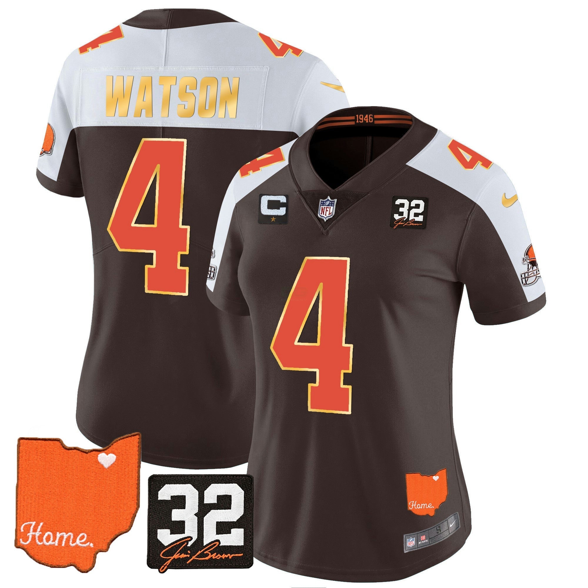 Camisa NFL Women’s #32 Jim Brown Memorial & Home Patch Dourada Trim Jersey