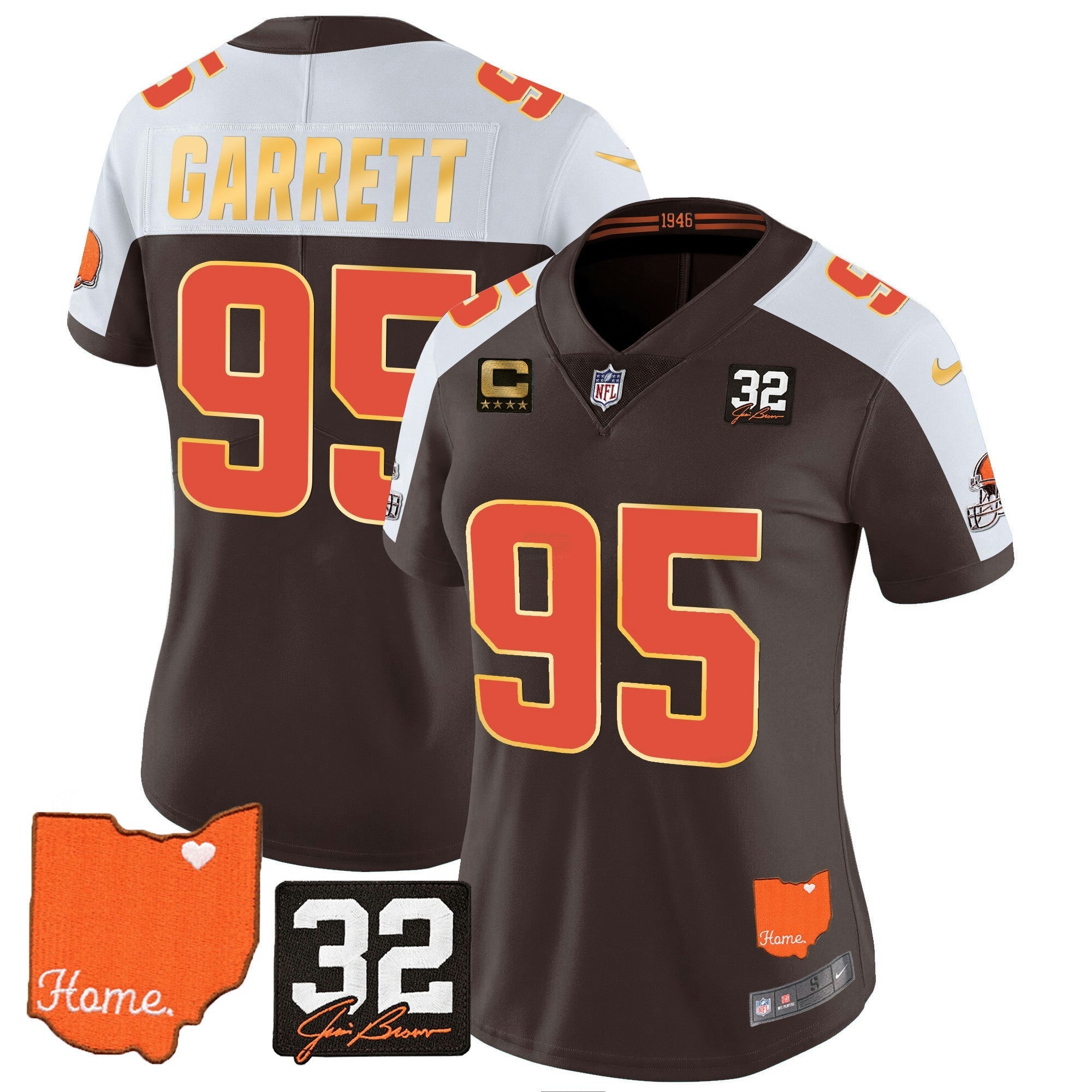 Camisa NFL Women’s #32 Jim Brown Memorial & Home Patch Dourada Trim Jersey