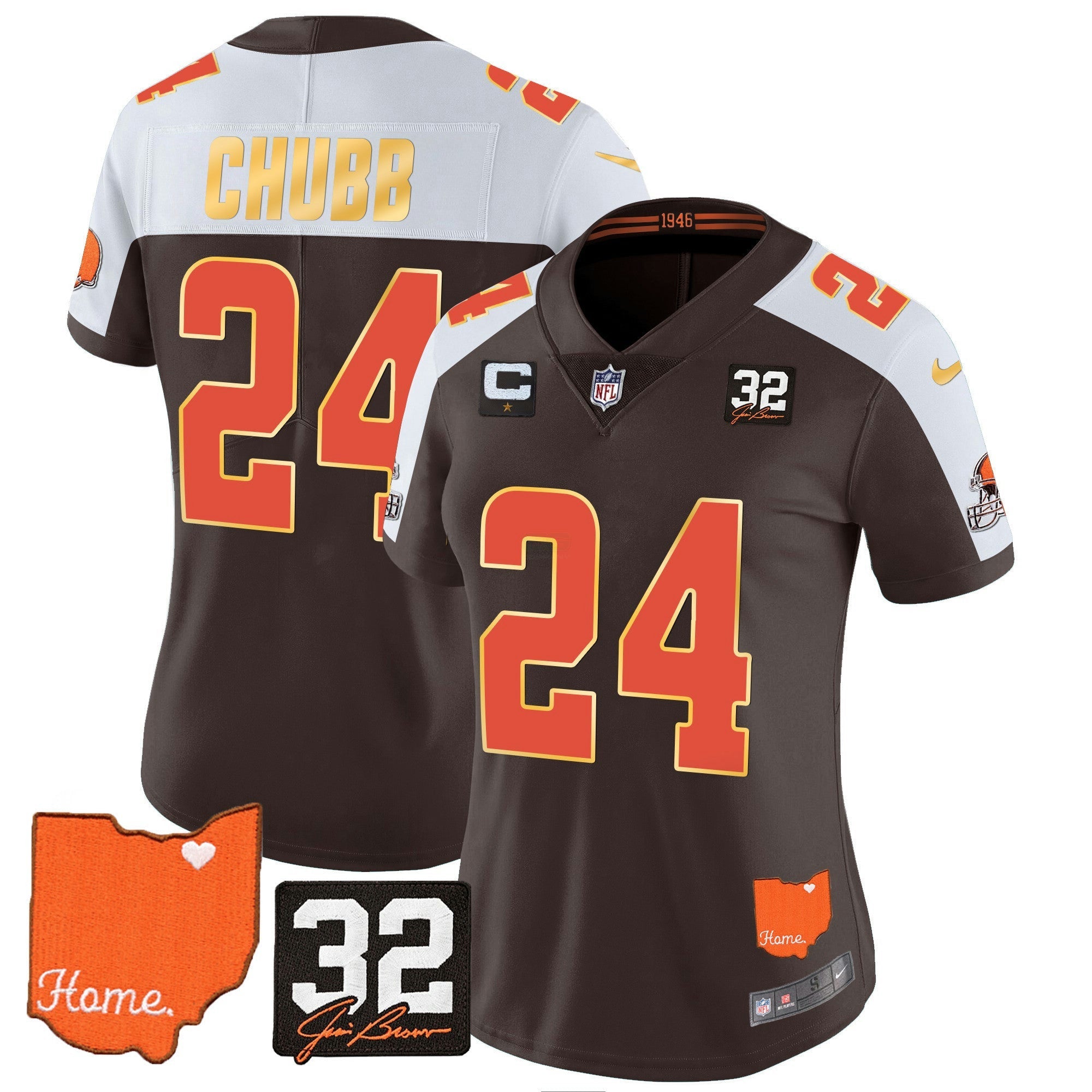 Camisa NFL Women’s #32 Jim Brown Memorial & Home Patch Dourada Trim Jersey