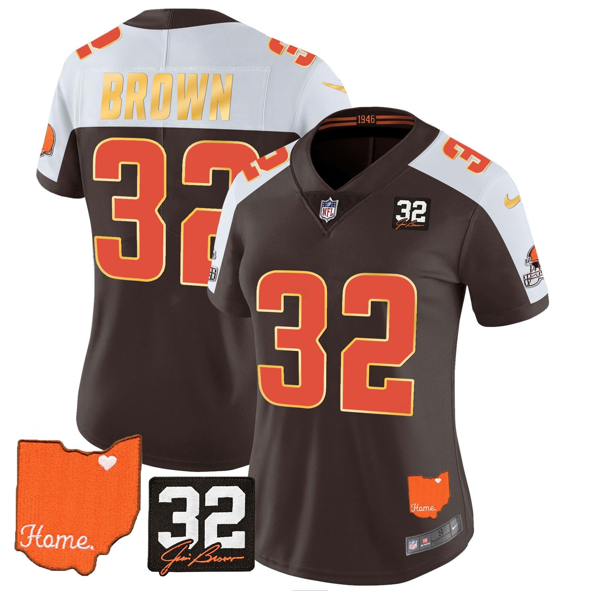 Camisa NFL Women’s #32 Jim Brown Memorial & Home Patch Dourada Trim Jersey