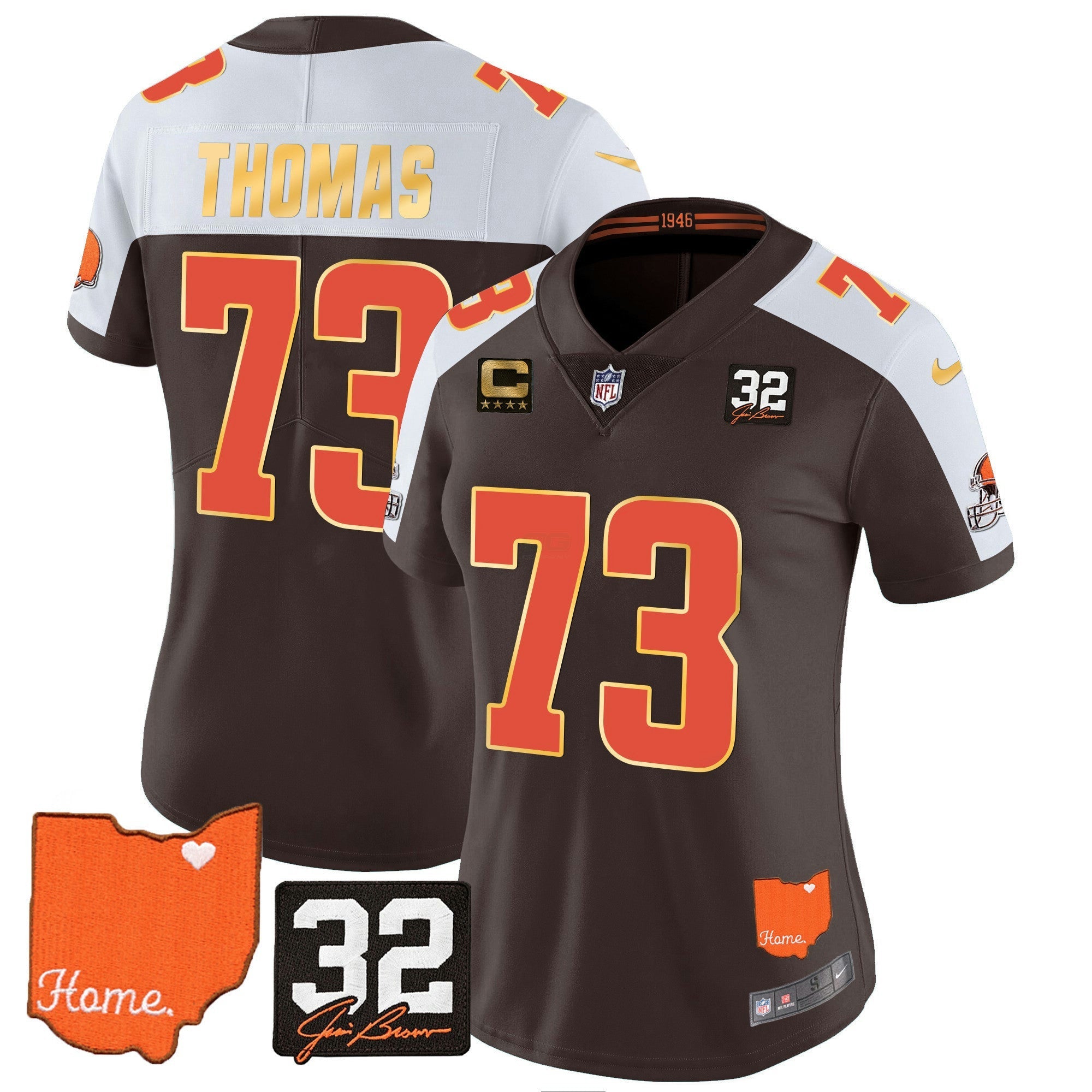 Camisa NFL Women’s #32 Jim Brown Memorial & Home Patch Dourada Trim Jersey