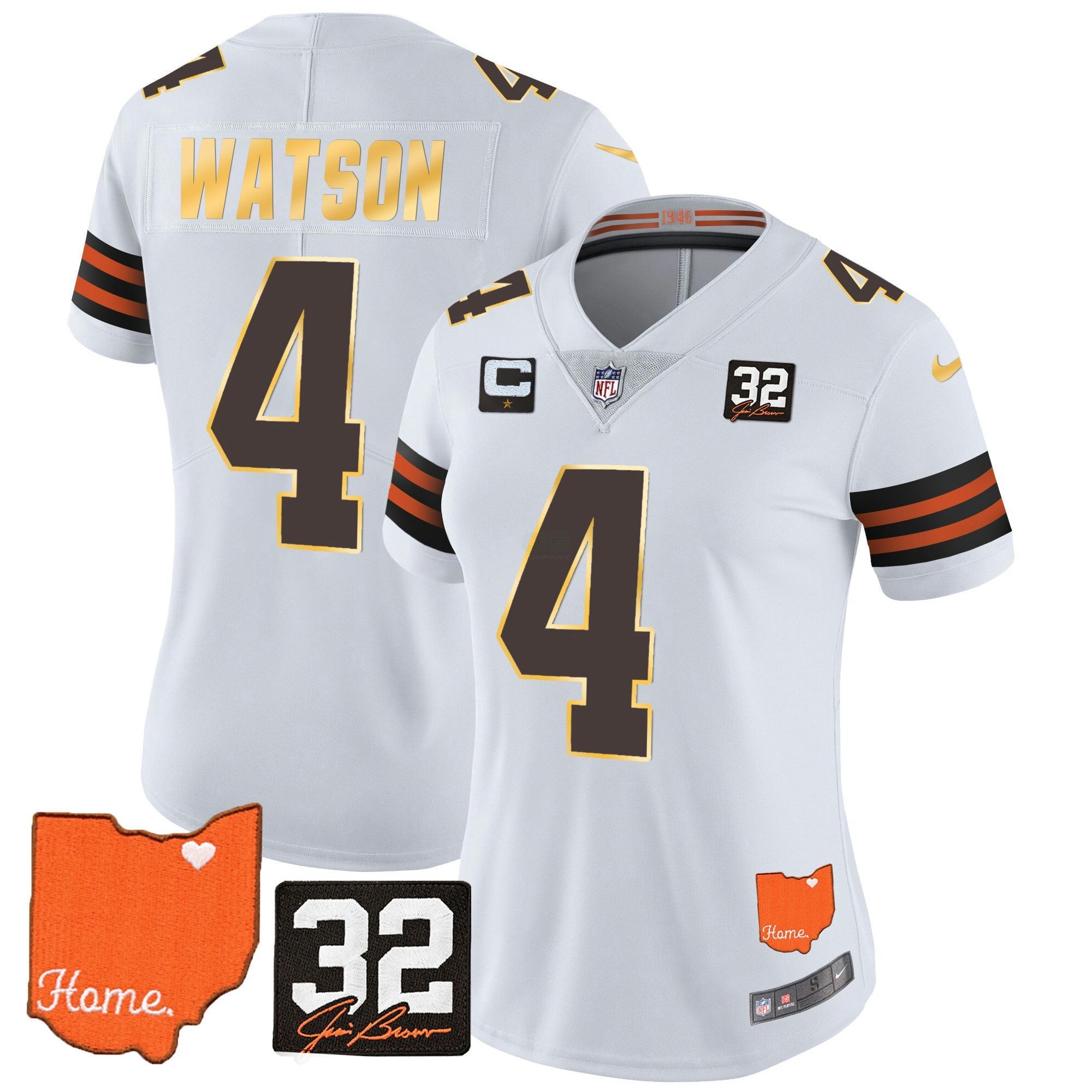 Camisa NFL Women’s #32 Jim Brown Memorial & Home Patch Dourada Trim Jersey