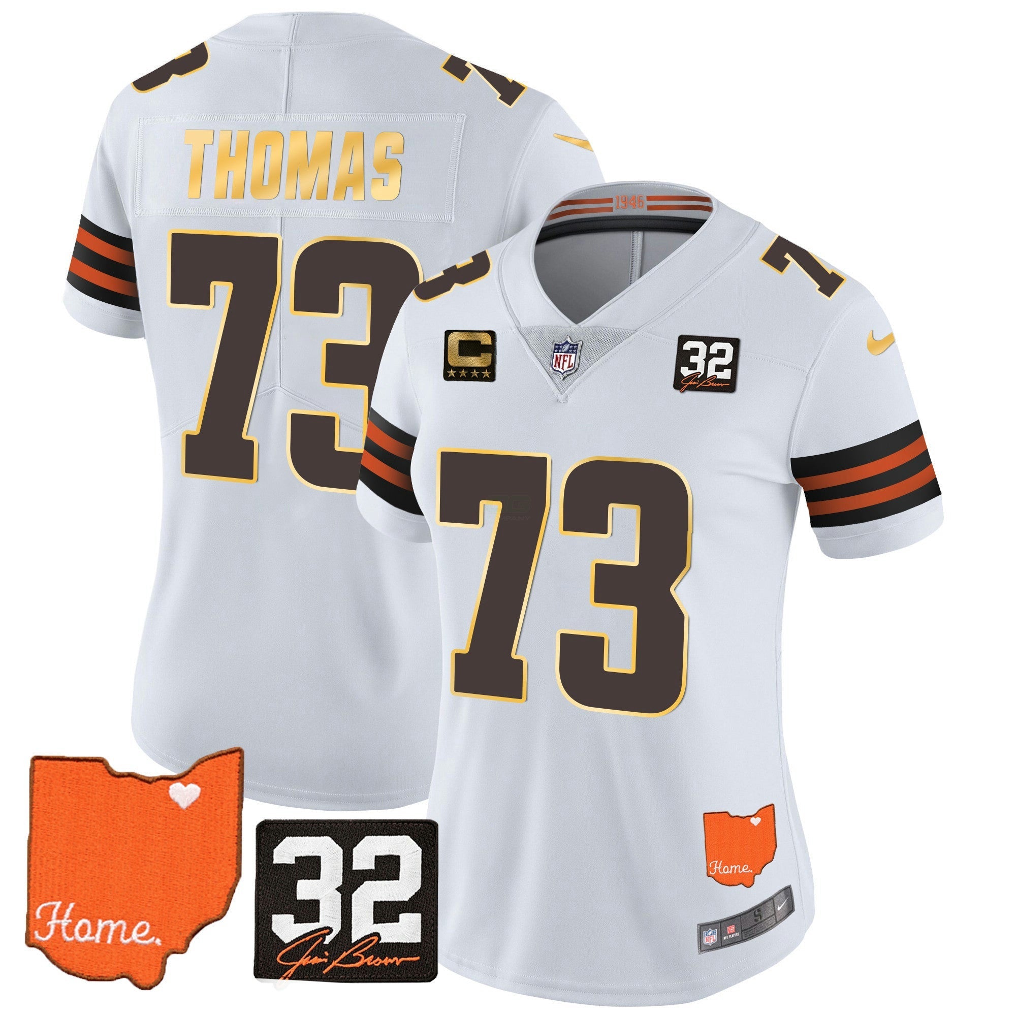 Camisa NFL Women’s #32 Jim Brown Memorial & Home Patch Dourada Trim Jersey