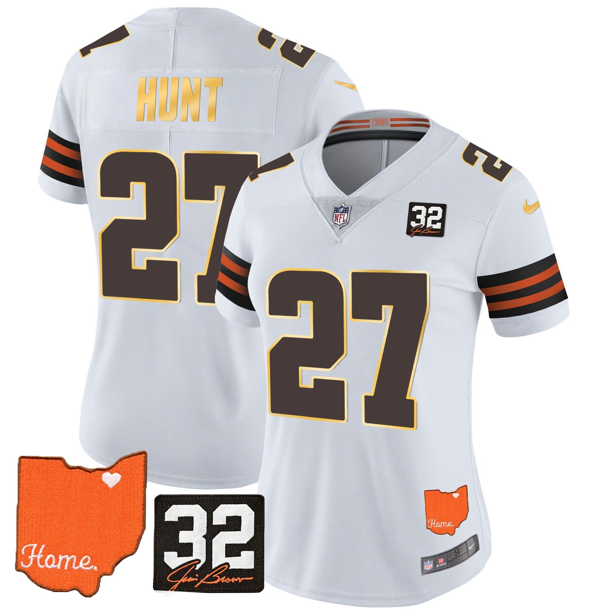 Camisa NFL Women’s #32 Jim Brown Memorial & Home Patch Dourada Trim Jersey