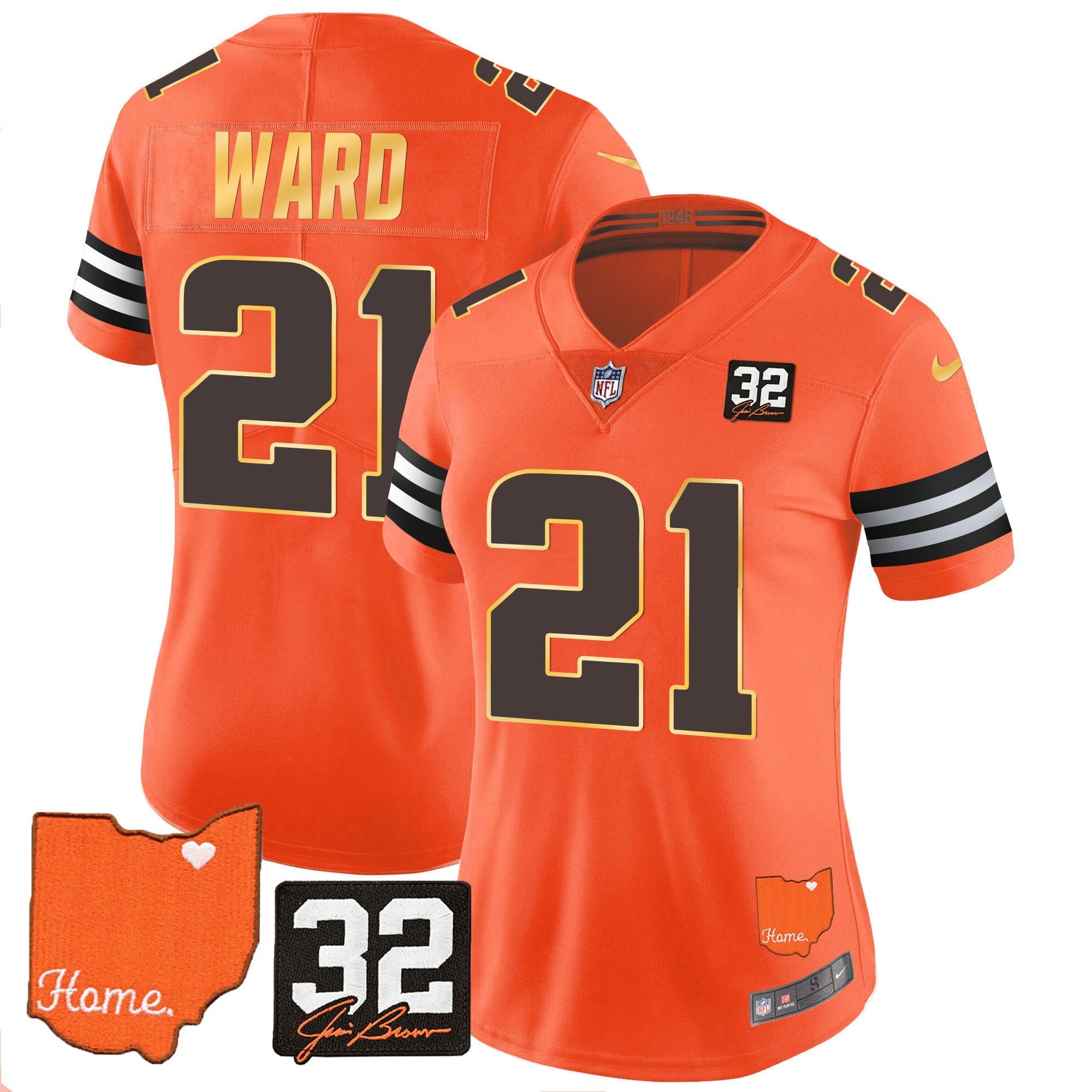 Camisa NFL Women’s #32 Jim Brown Memorial & Home Patch Dourada Trim Jersey