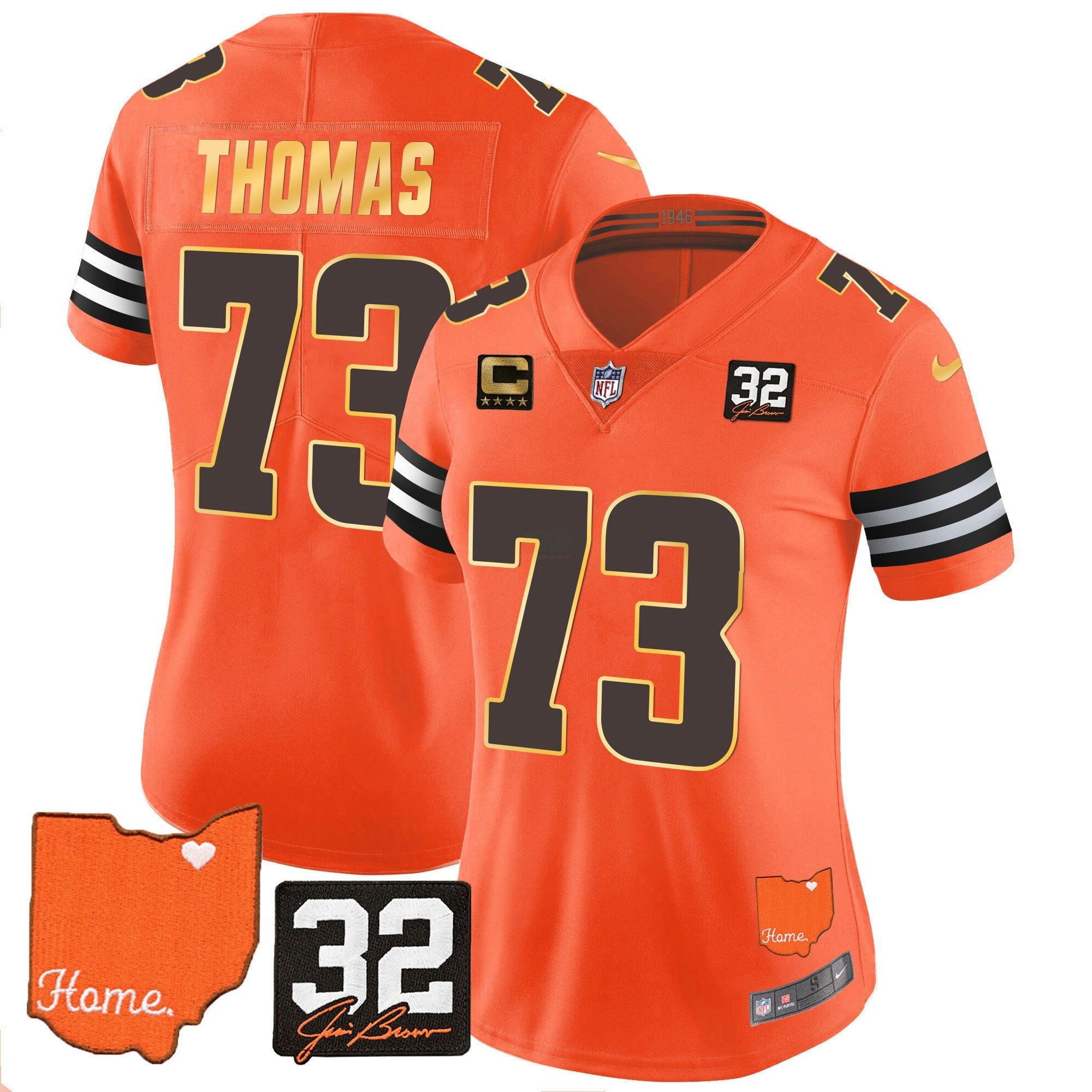 Camisa NFL Women’s #32 Jim Brown Memorial & Home Patch Dourada Trim Jersey