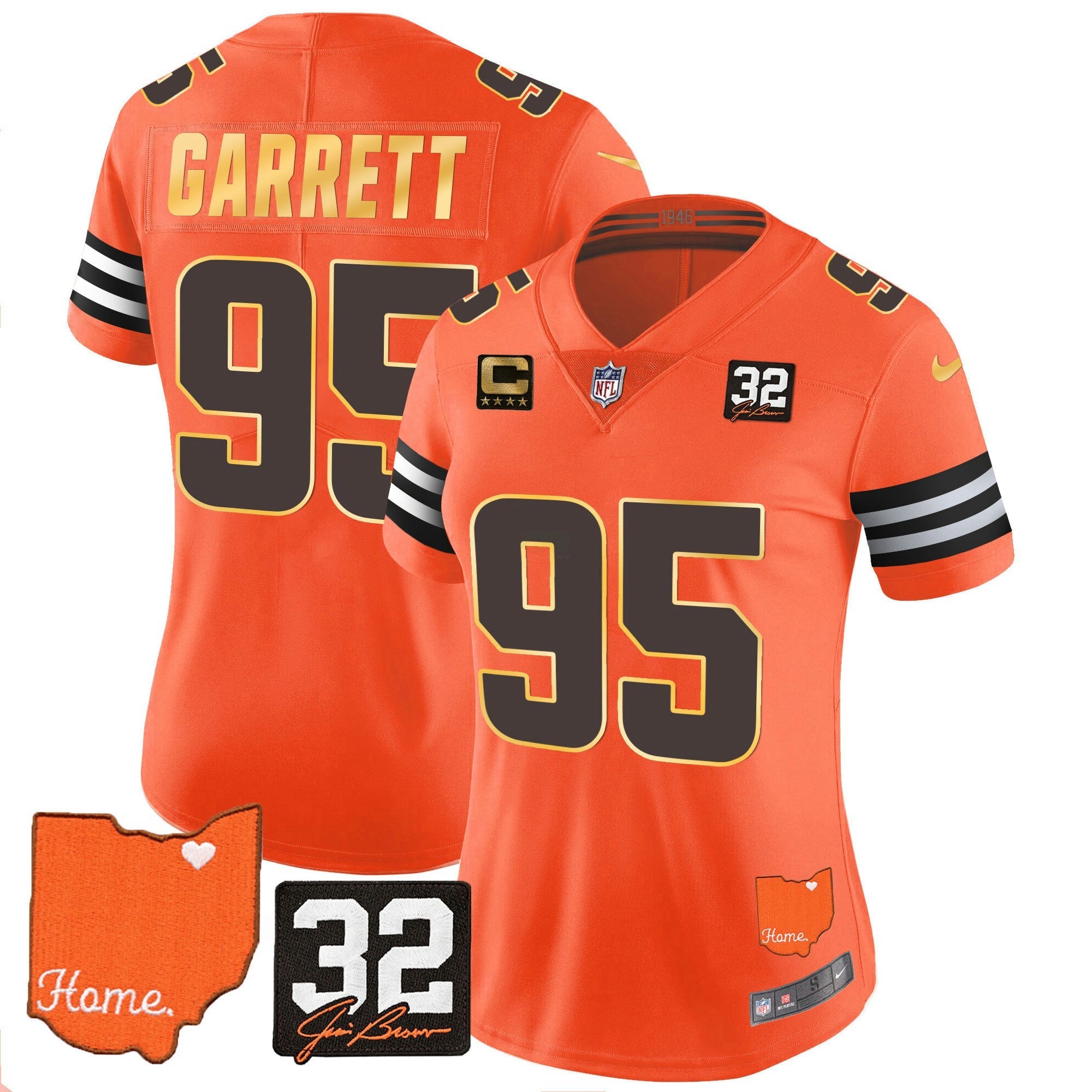 Camisa NFL Women’s #32 Jim Brown Memorial & Home Patch Dourada Trim Jersey