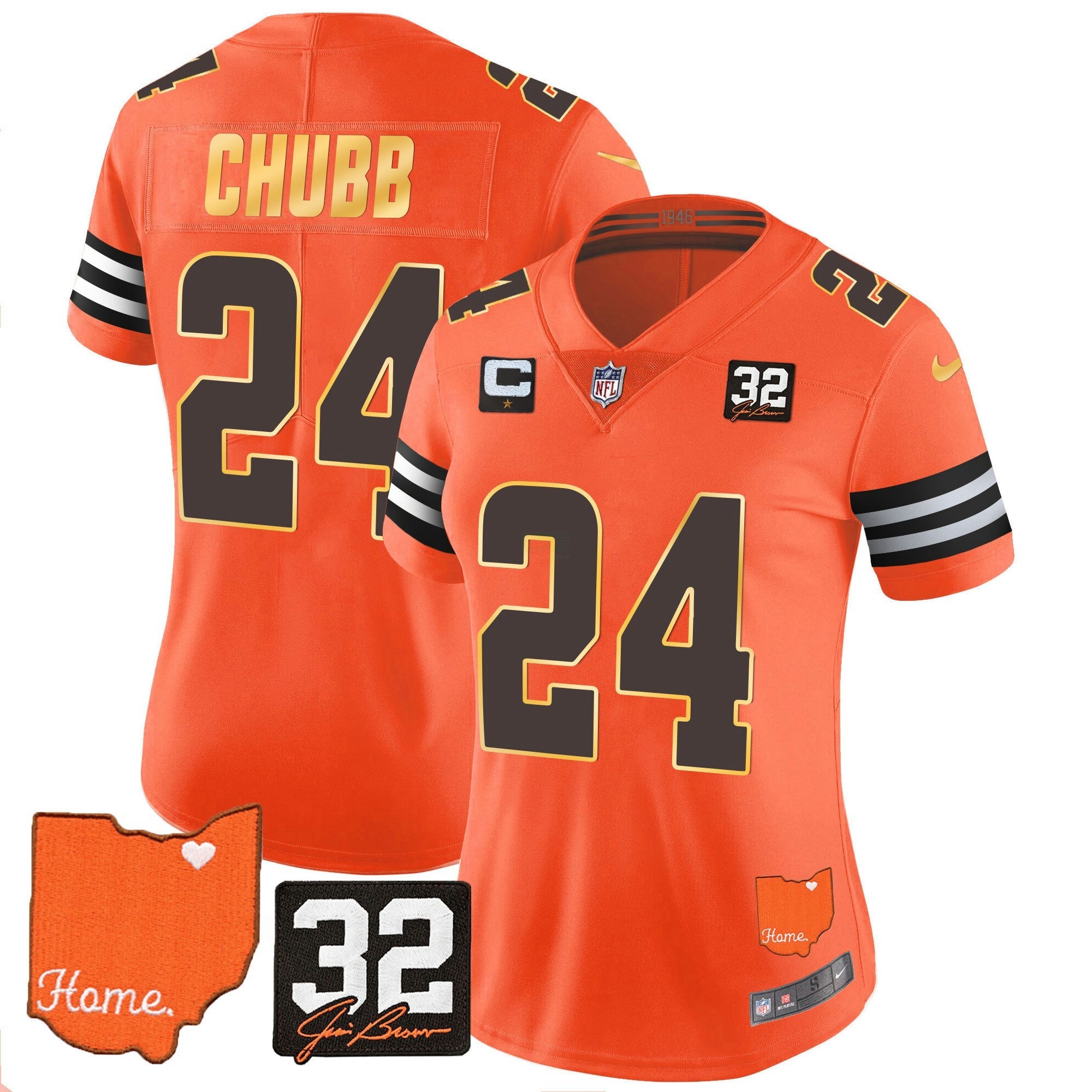 Camisa NFL Women’s #32 Jim Brown Memorial & Home Patch Dourada Trim Jersey
