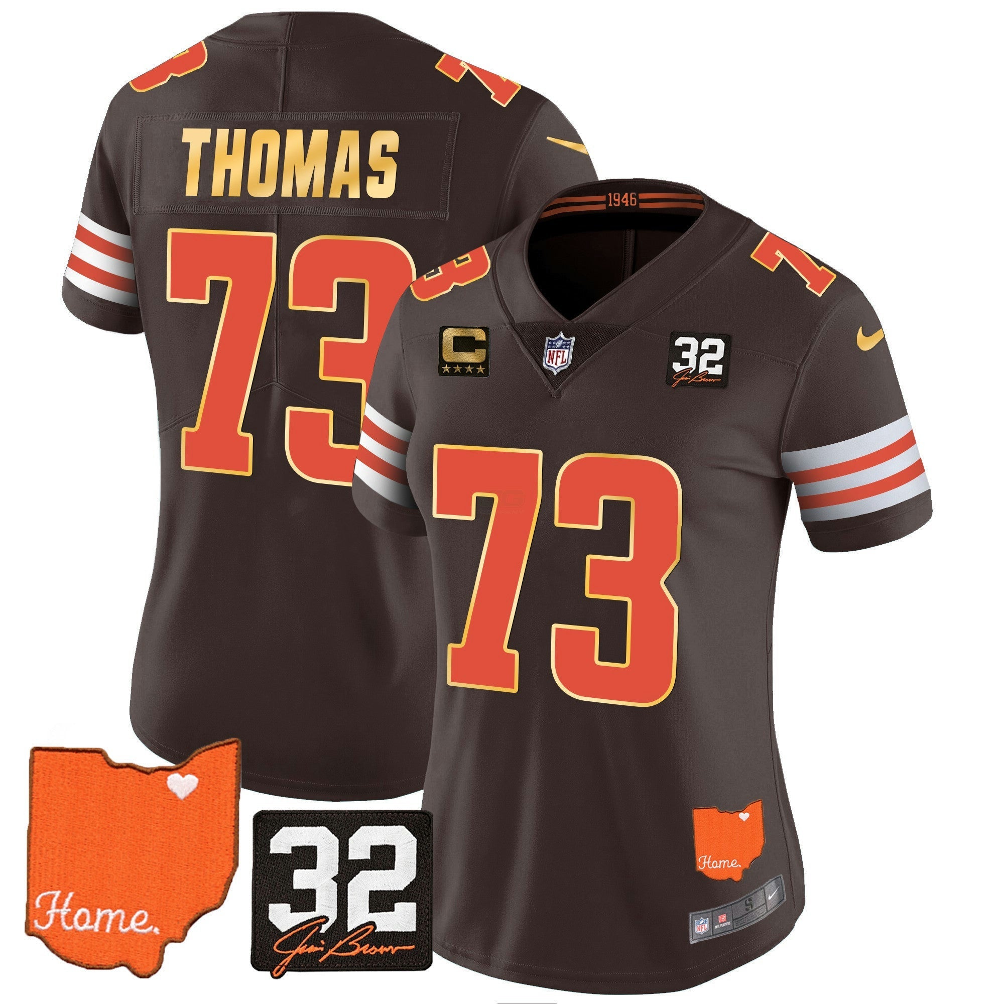 Camisa NFL Women’s #32 Jim Brown Memorial & Home Patch Dourada Trim Jersey
