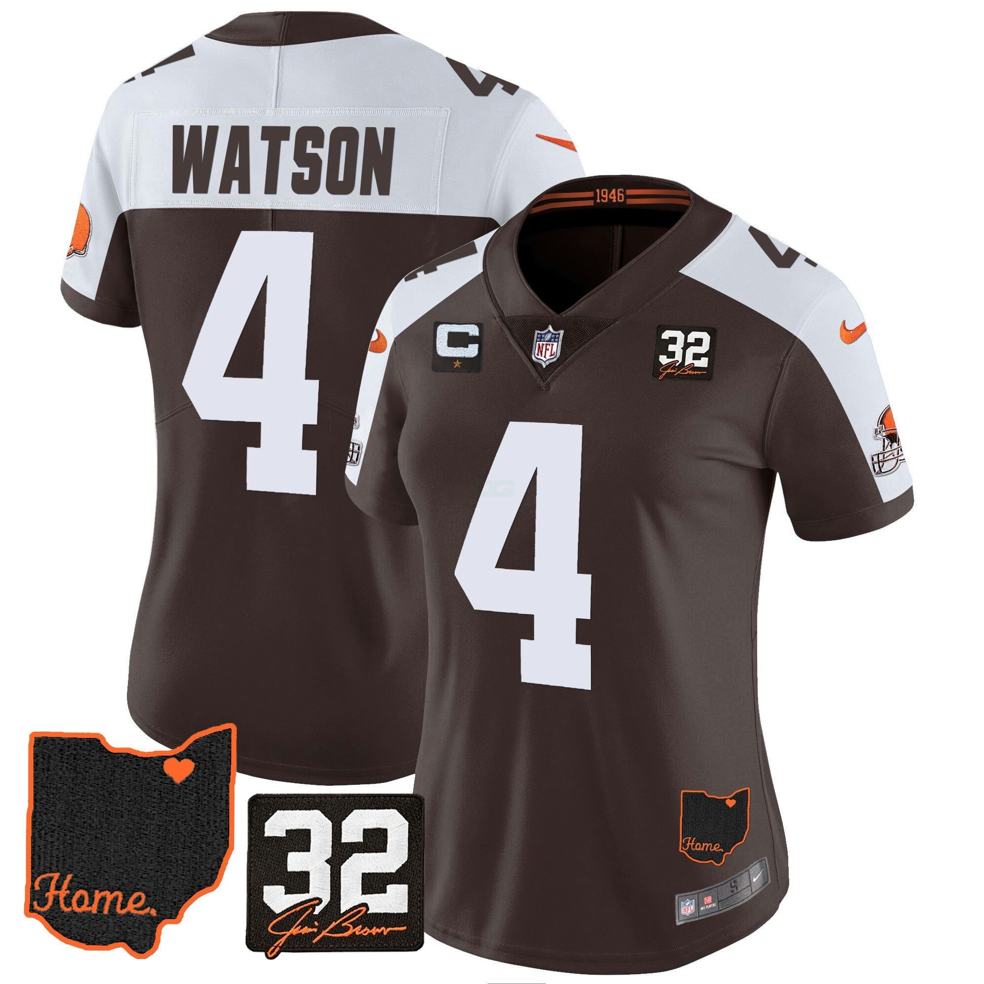 Camisa NFL Women’s #32 Jim Brown Memorial & Home Patch Jersey V3