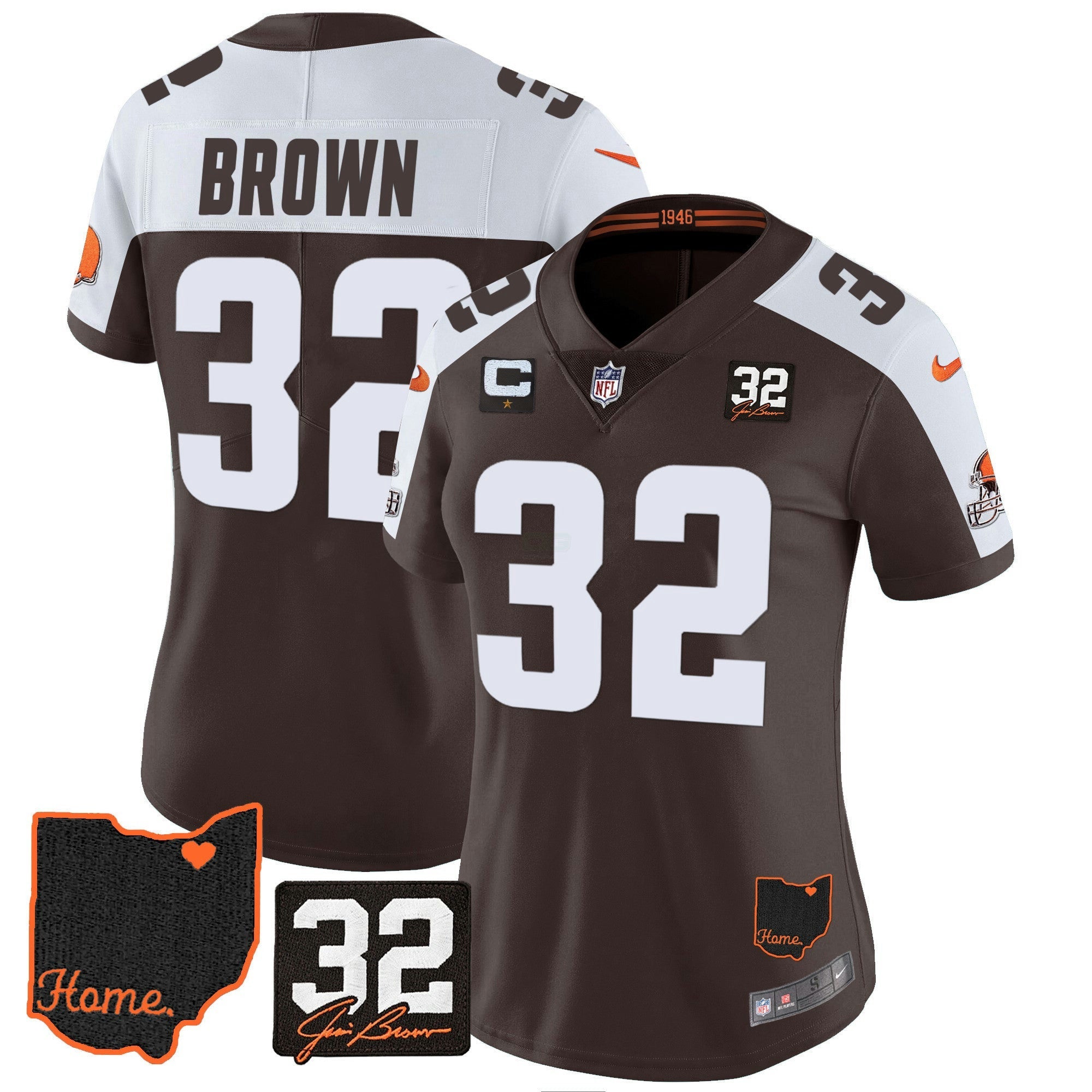 Camisa NFL Women’s #32 Jim Brown Memorial & Home Patch Jersey V3