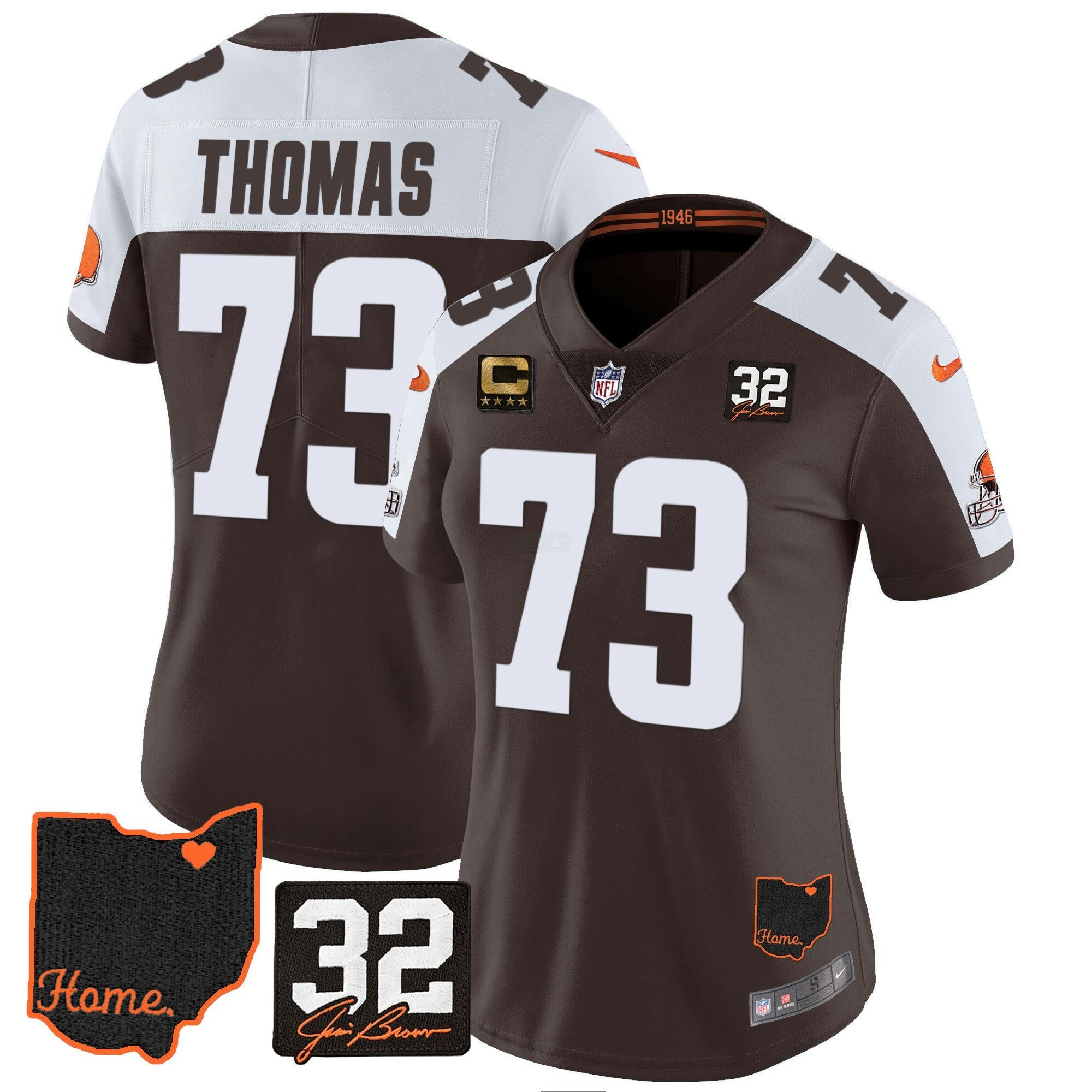 Camisa NFL Women’s #32 Jim Brown Memorial & Home Patch Jersey V3