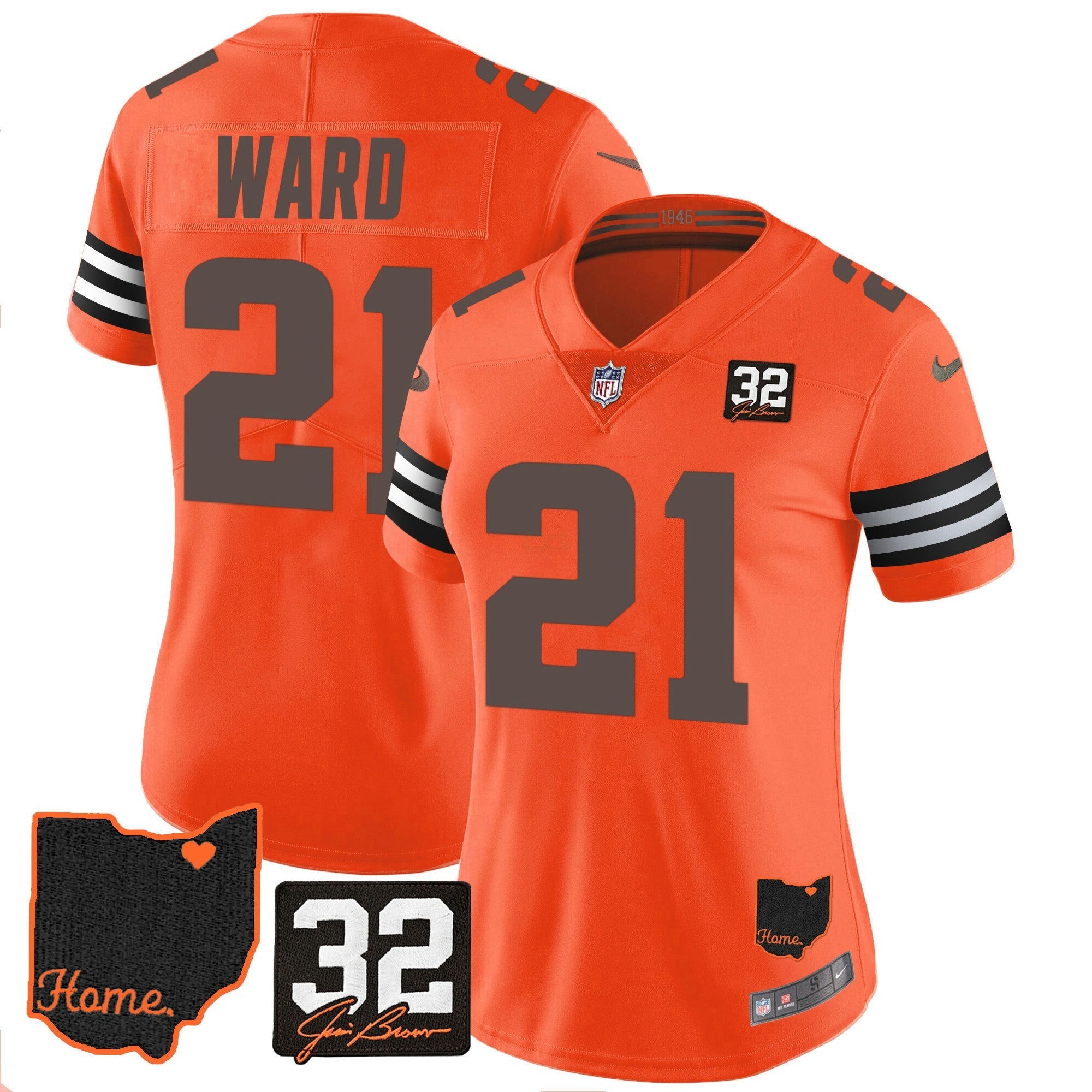 Camisa NFL Women’s #32 Jim Brown Memorial & Home Patch Jersey V3