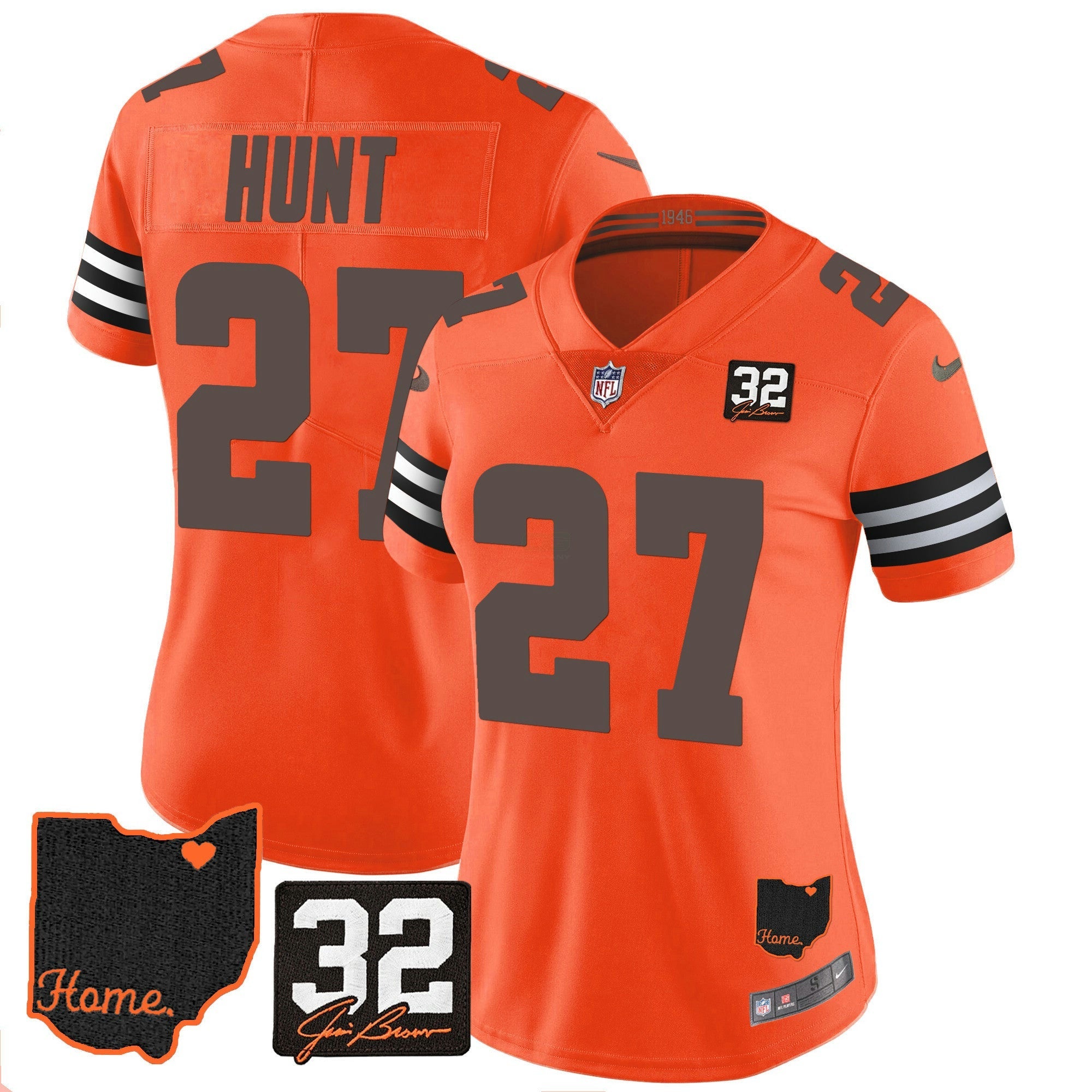 Camisa NFL Women’s #32 Jim Brown Memorial & Home Patch Jersey V3