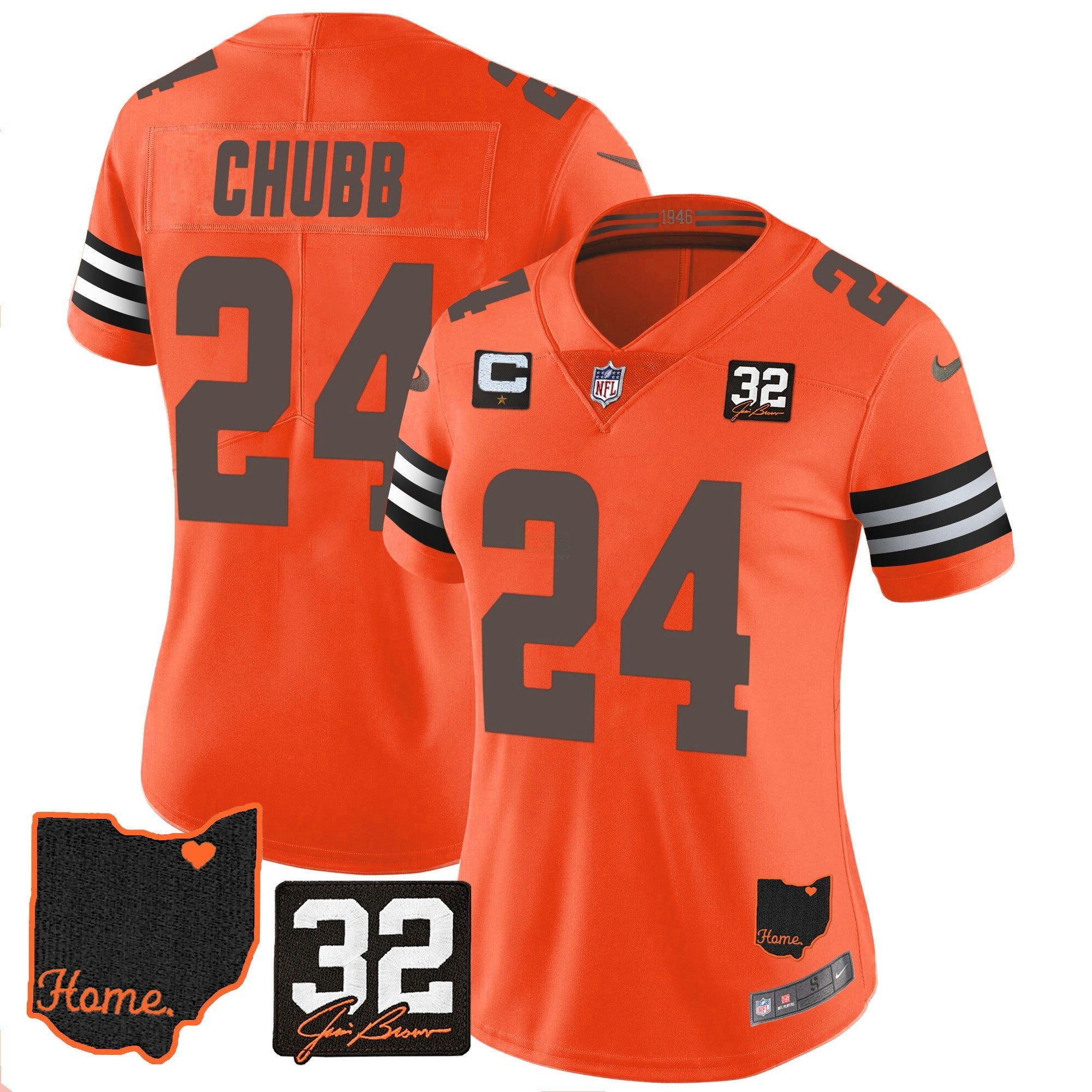 Camisa NFL Women’s #32 Jim Brown Memorial & Home Patch Jersey V3