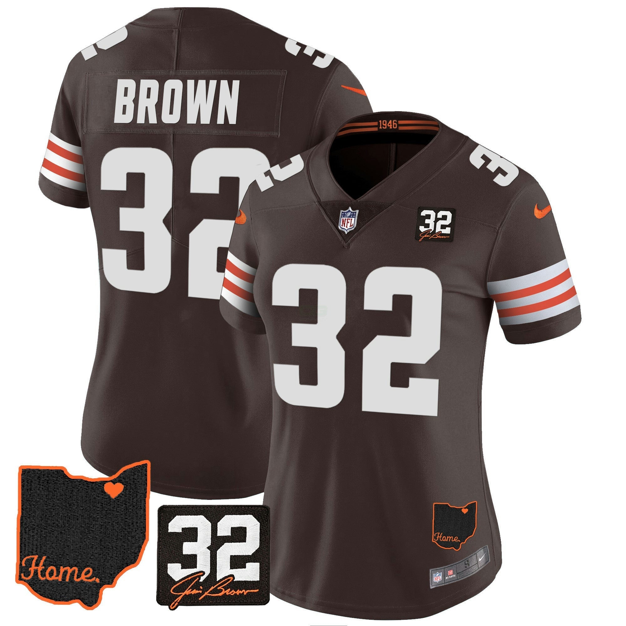 Camisa NFL Women’s #32 Jim Brown Memorial & Home Patch Jersey V3