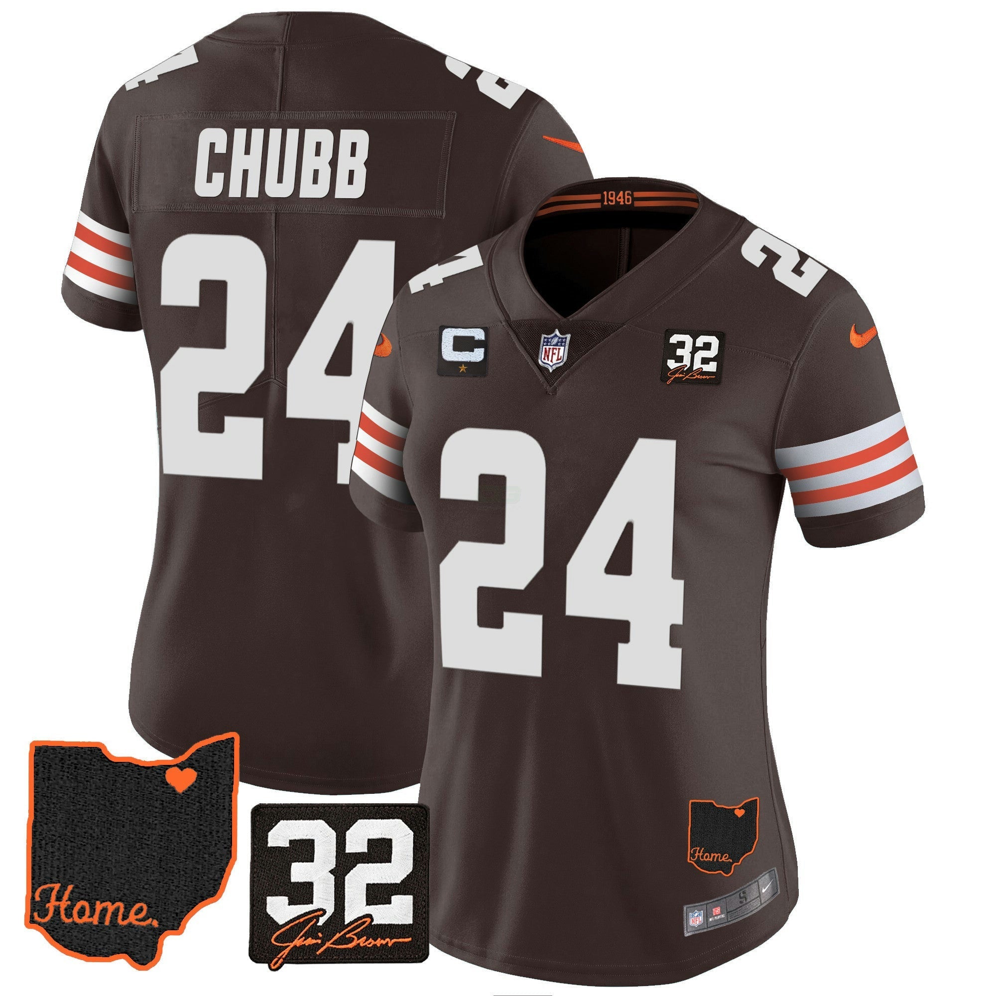 Camisa NFL Women’s #32 Jim Brown Memorial & Home Patch Jersey V3