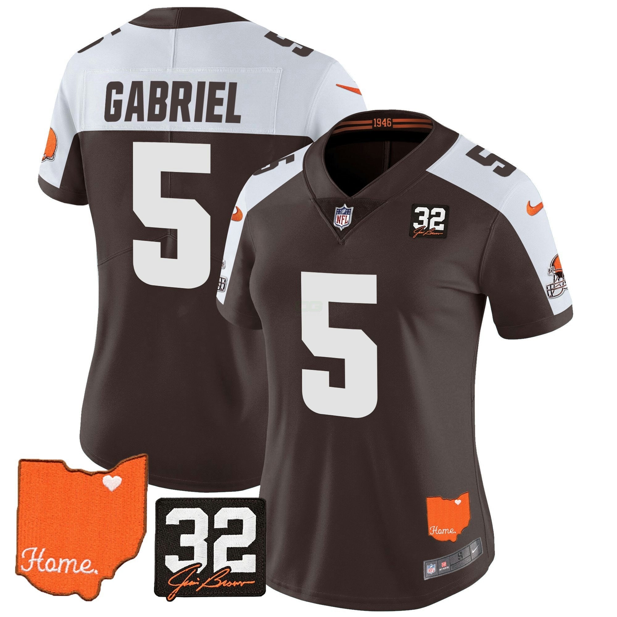 Camisa NFL Women’s #32 Jim Brown Memorial & Home Patch Vapor Limited Jersey