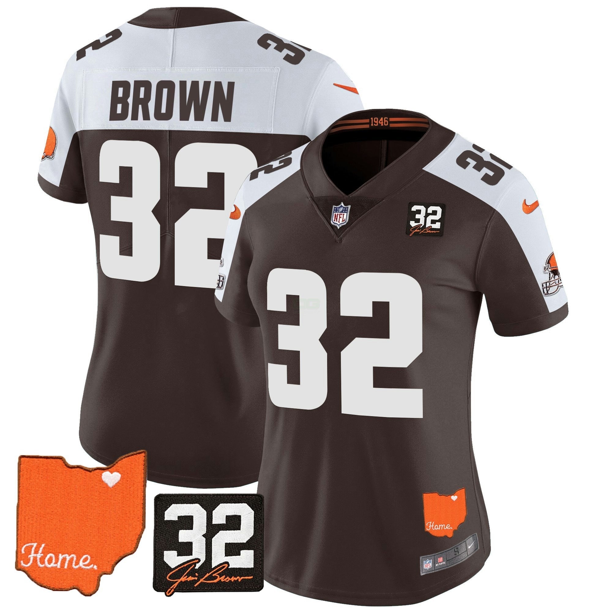 Camisa NFL Women’s #32 Jim Brown Memorial & Home Patch Vapor Limited Jersey