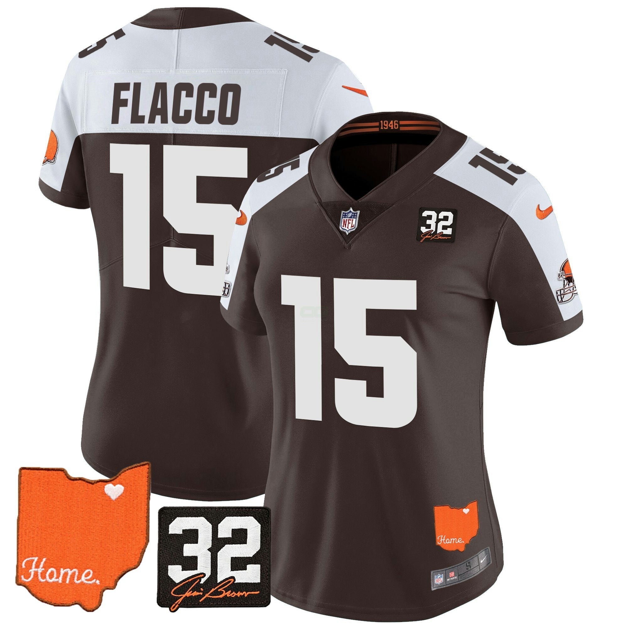 Camisa NFL Women’s #32 Jim Brown Memorial & Home Patch Vapor Limited Jersey