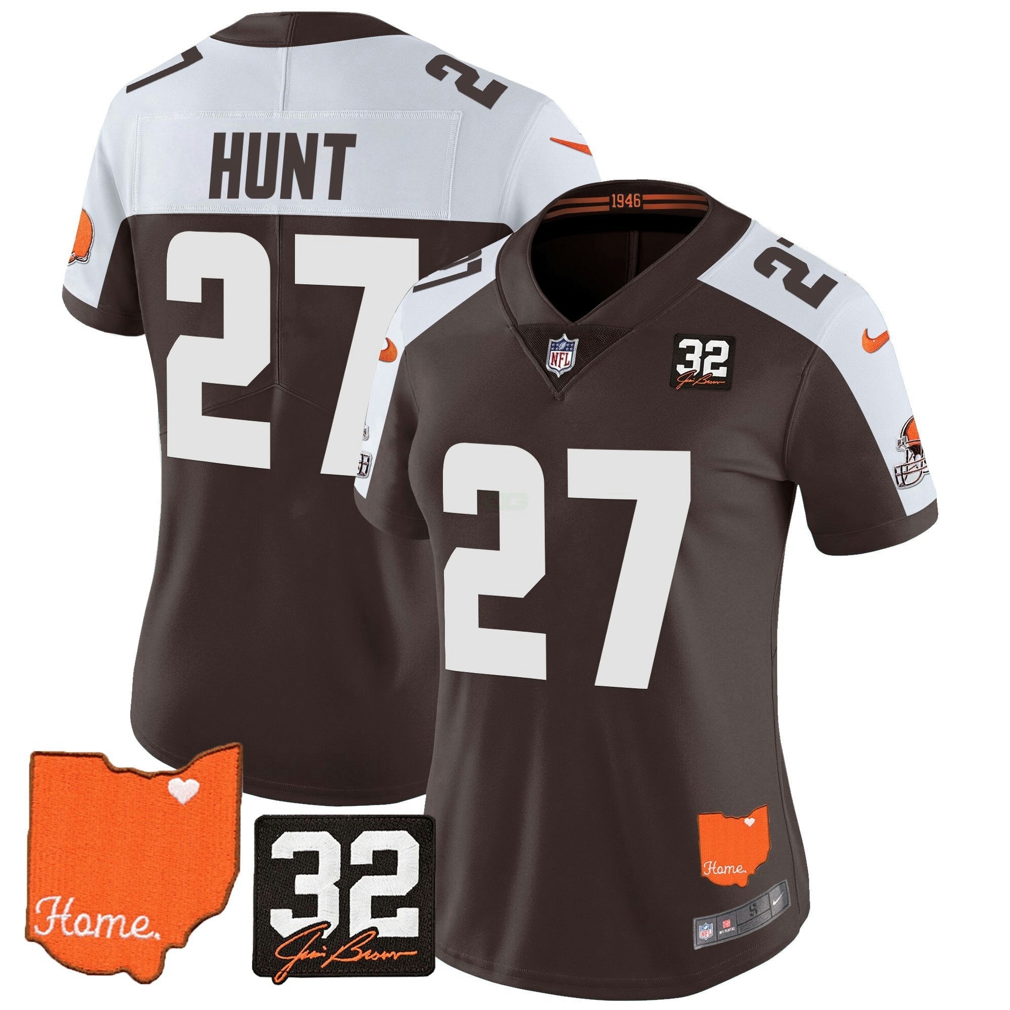 Camisa NFL Women’s #32 Jim Brown Memorial & Home Patch Vapor Limited Jersey