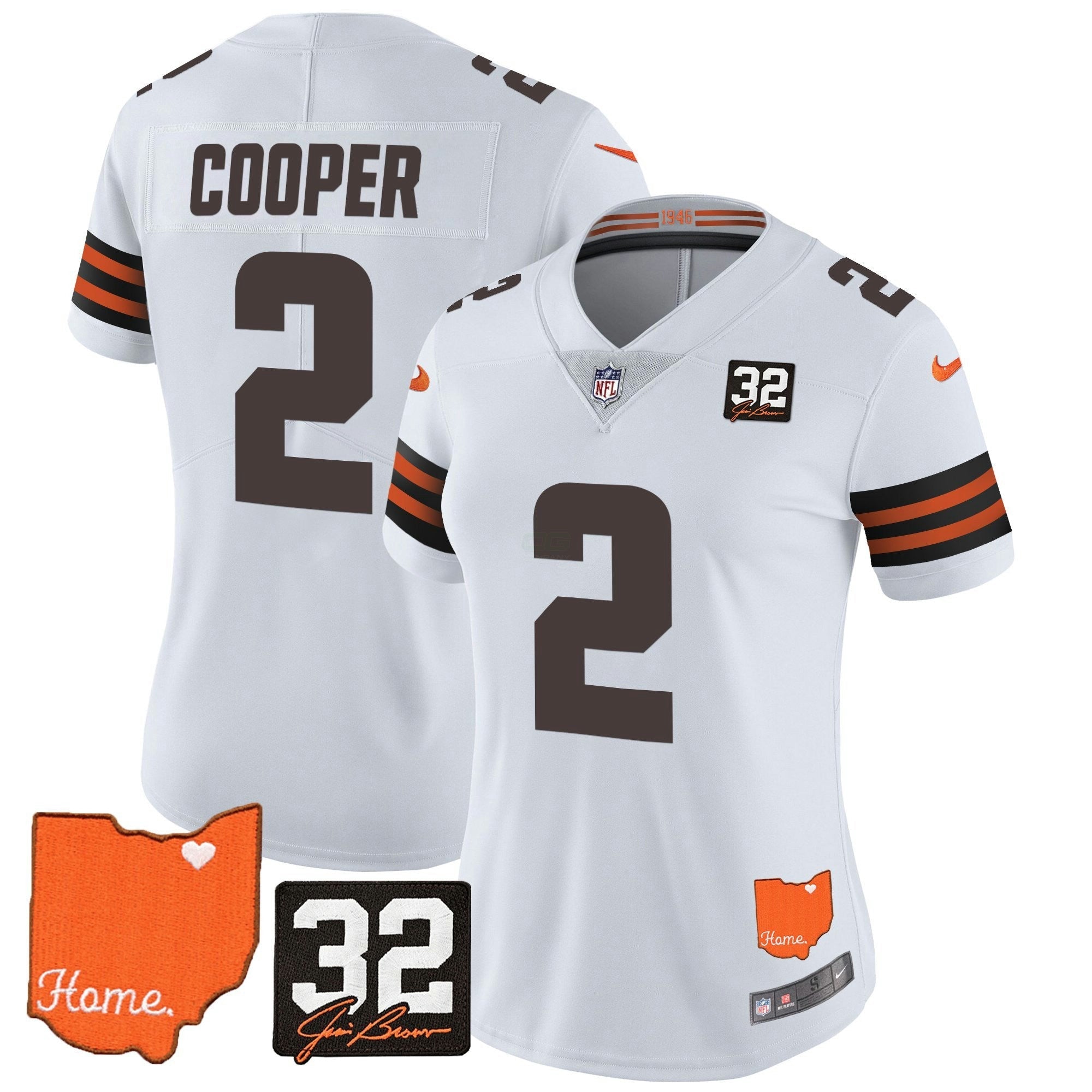 Camisa NFL Women’s #32 Jim Brown Memorial & Home Patch Vapor Limited Jersey