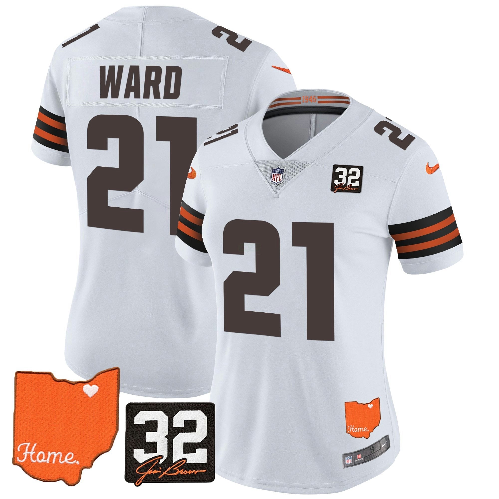 Camisa NFL Women’s #32 Jim Brown Memorial & Home Patch Vapor Limited Jersey