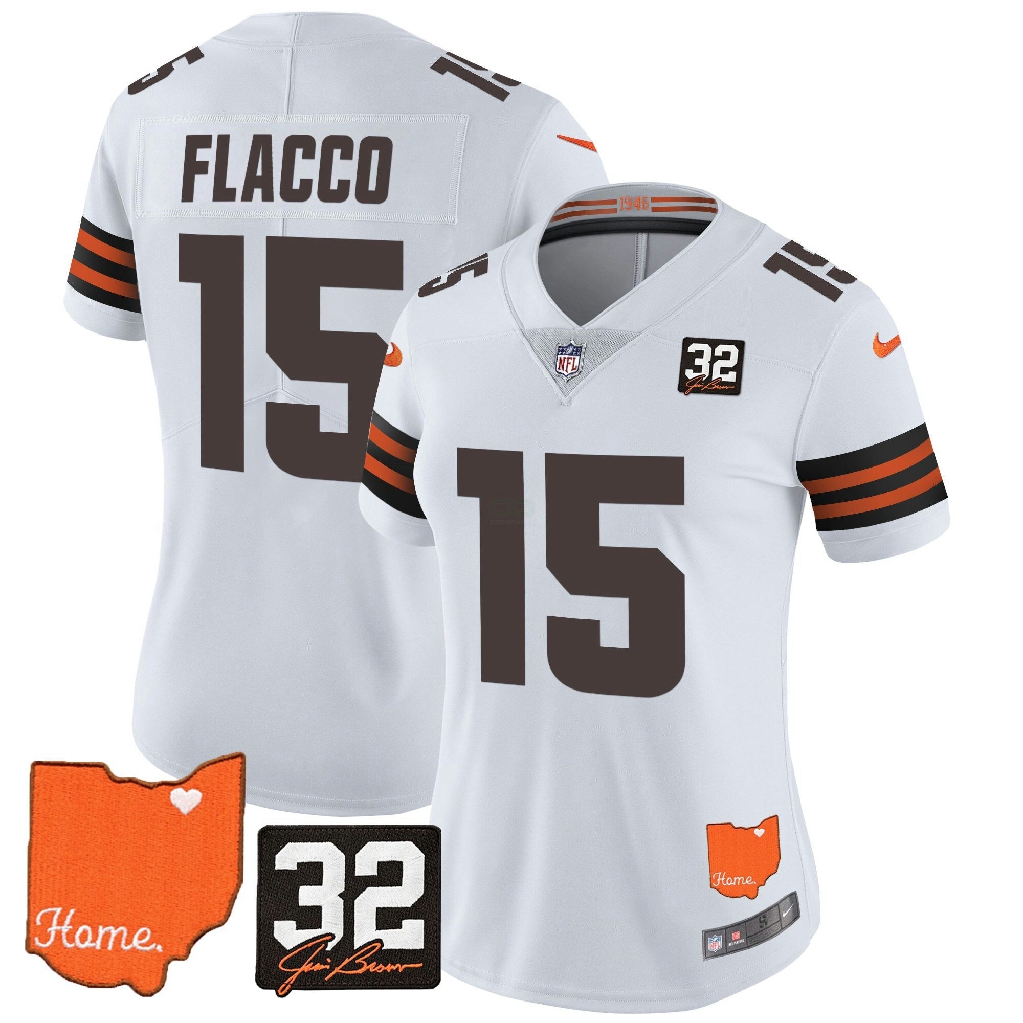 Camisa NFL Women’s #32 Jim Brown Memorial & Home Patch Vapor Limited Jersey