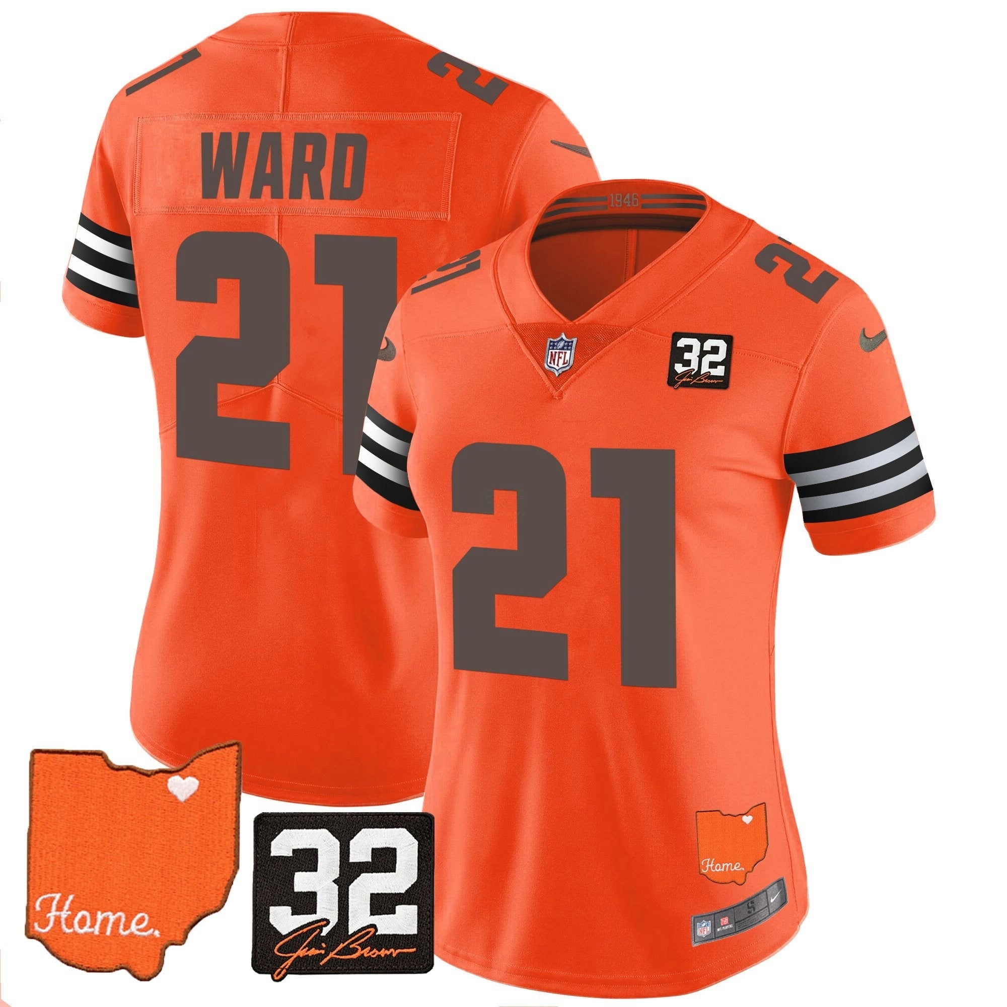 Camisa NFL Women’s #32 Jim Brown Memorial & Home Patch Vapor Limited Jersey