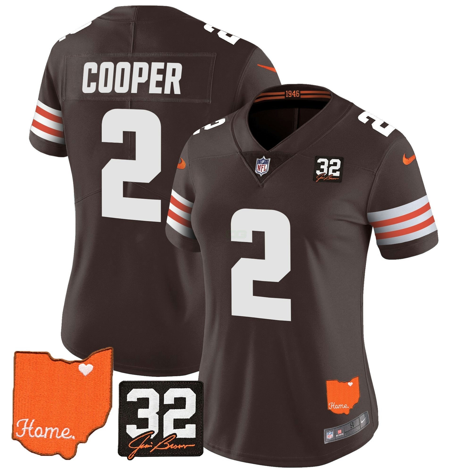 Camisa NFL Women’s #32 Jim Brown Memorial & Home Patch Vapor Limited Jersey