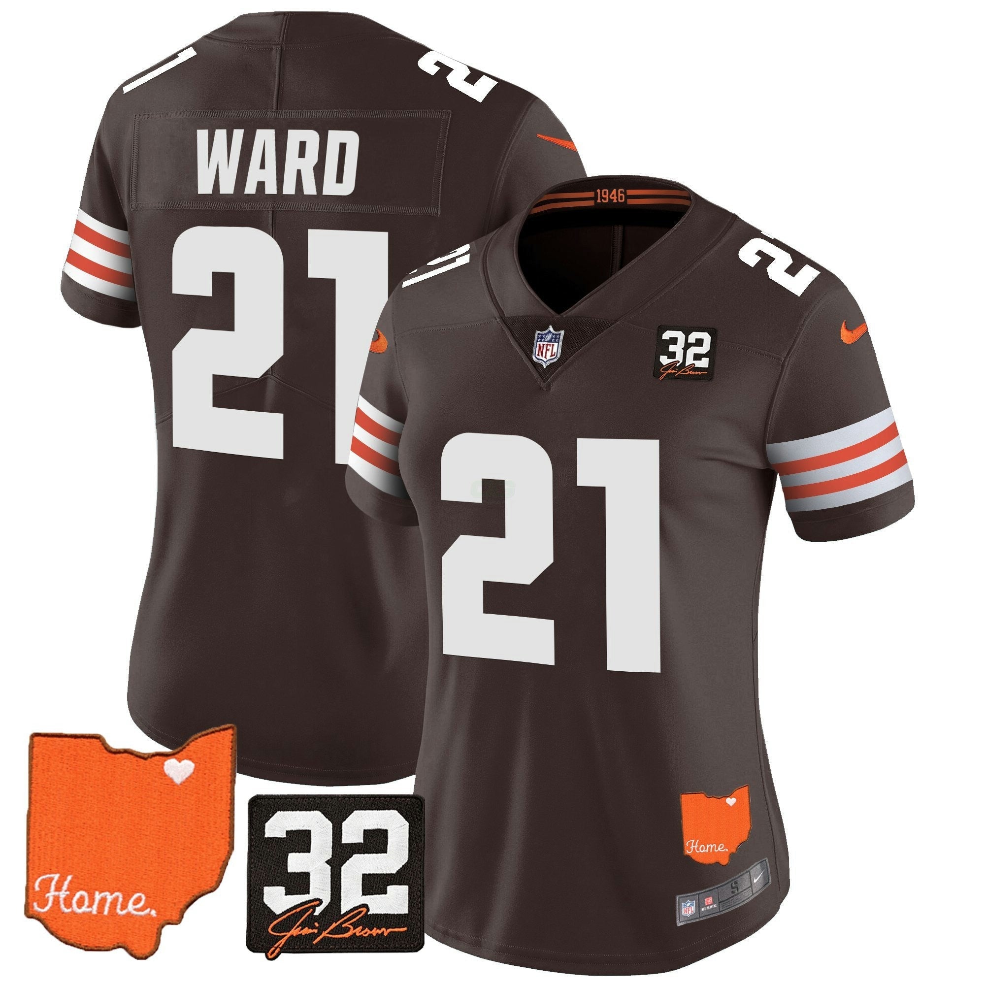 Camisa NFL Women’s #32 Jim Brown Memorial & Home Patch Vapor Limited Jersey