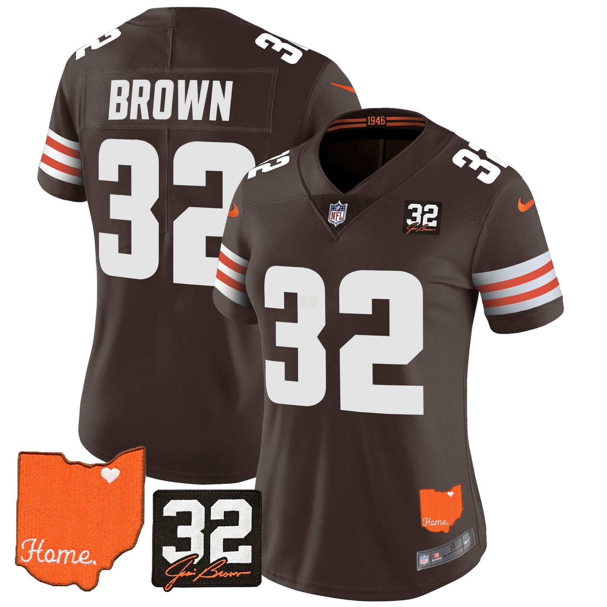 Camisa NFL Women’s #32 Jim Brown Memorial & Home Patch Vapor Limited Jersey