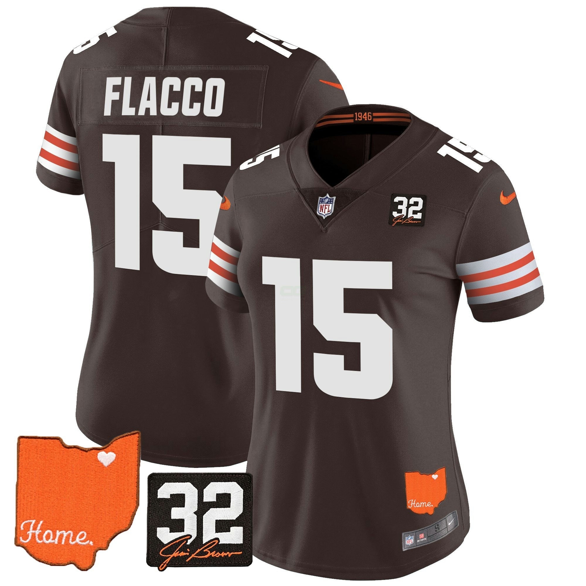 Camisa NFL Women’s #32 Jim Brown Memorial & Home Patch Vapor Limited Jersey