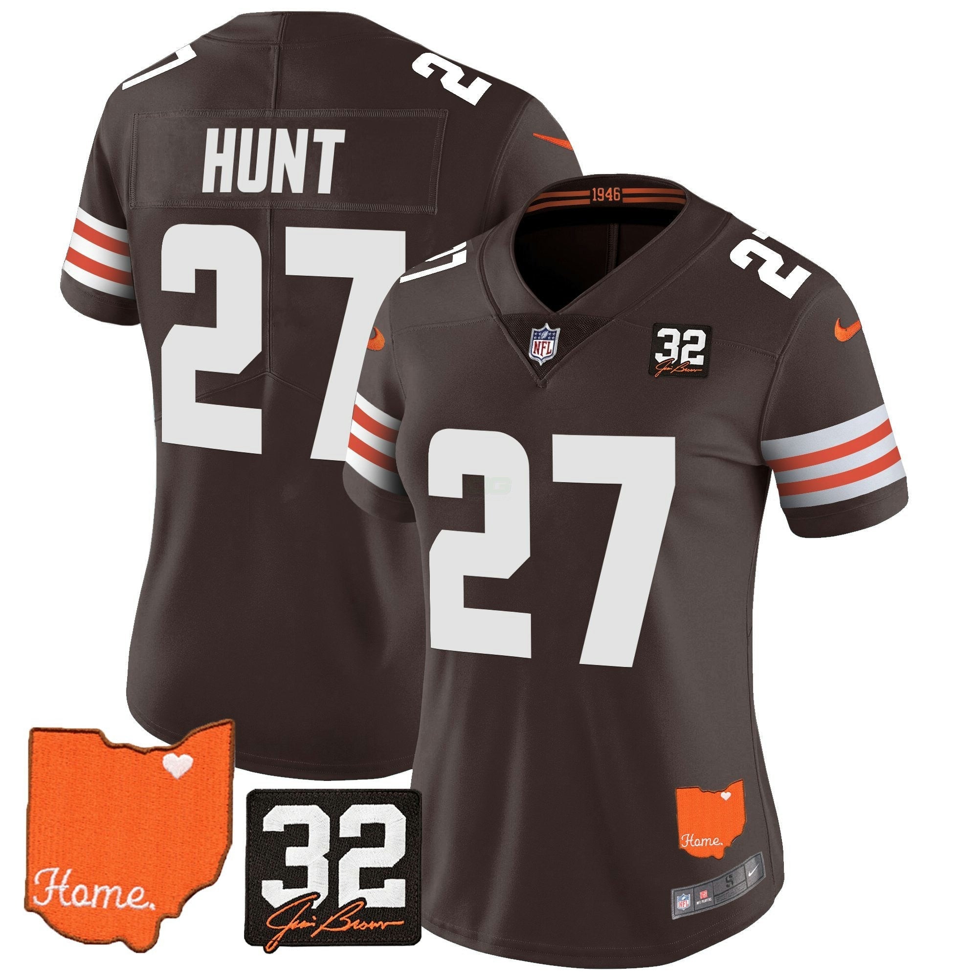 Camisa NFL Women’s #32 Jim Brown Memorial & Home Patch Vapor Limited Jersey