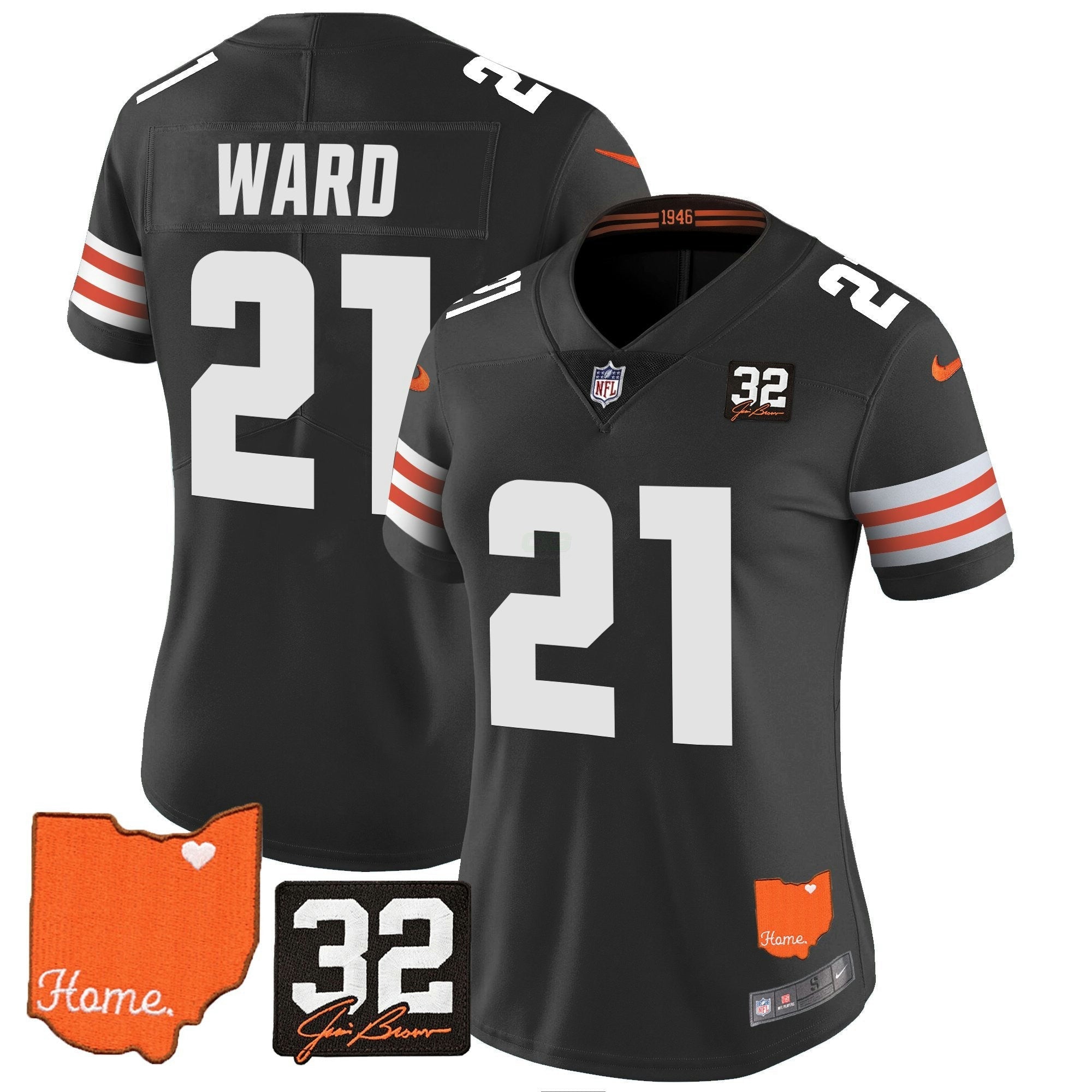 Camisa NFL Women’s #32 Jim Brown Memorial & Home Patch Vapor Limited Jersey