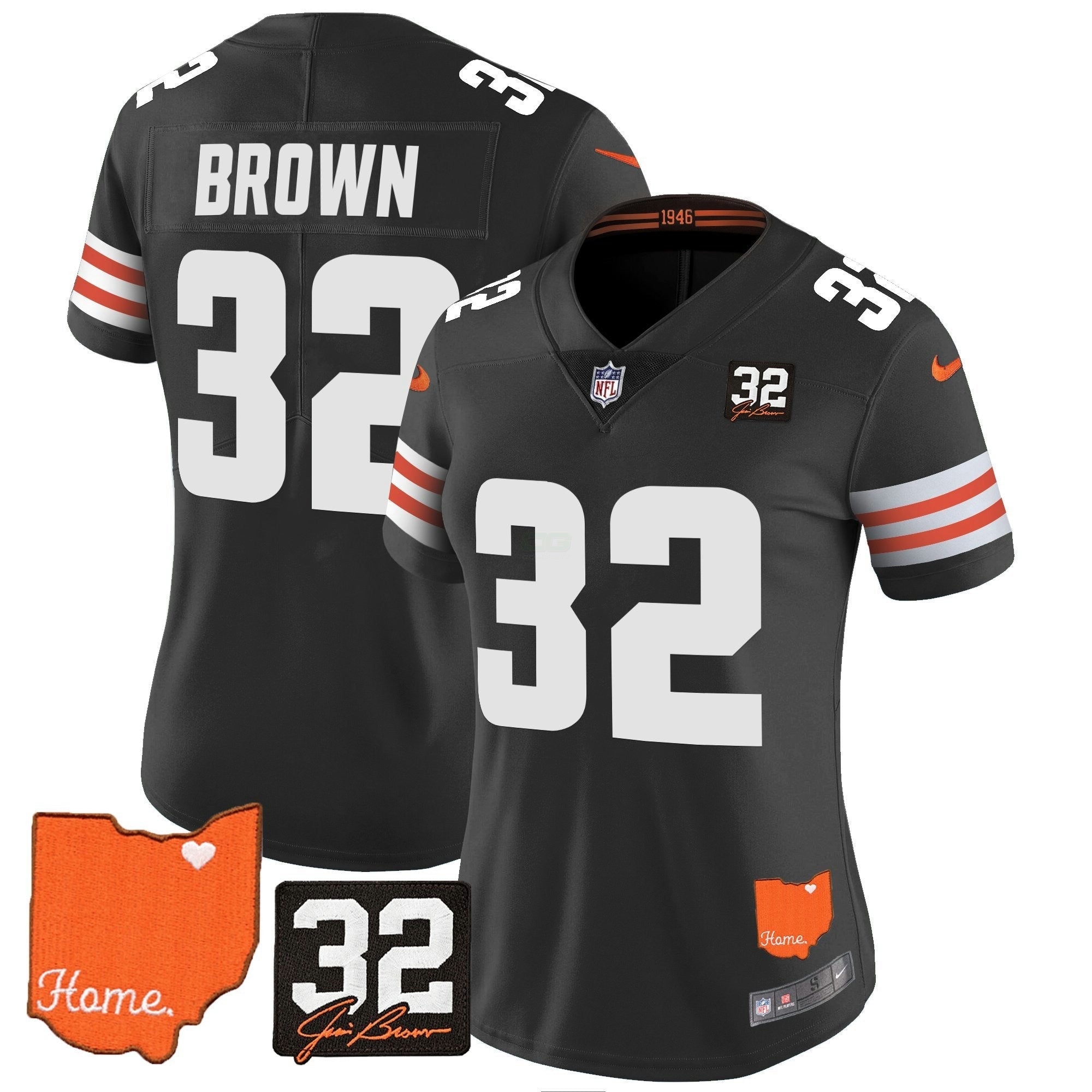 Camisa NFL Women’s #32 Jim Brown Memorial & Home Patch Vapor Limited Jersey