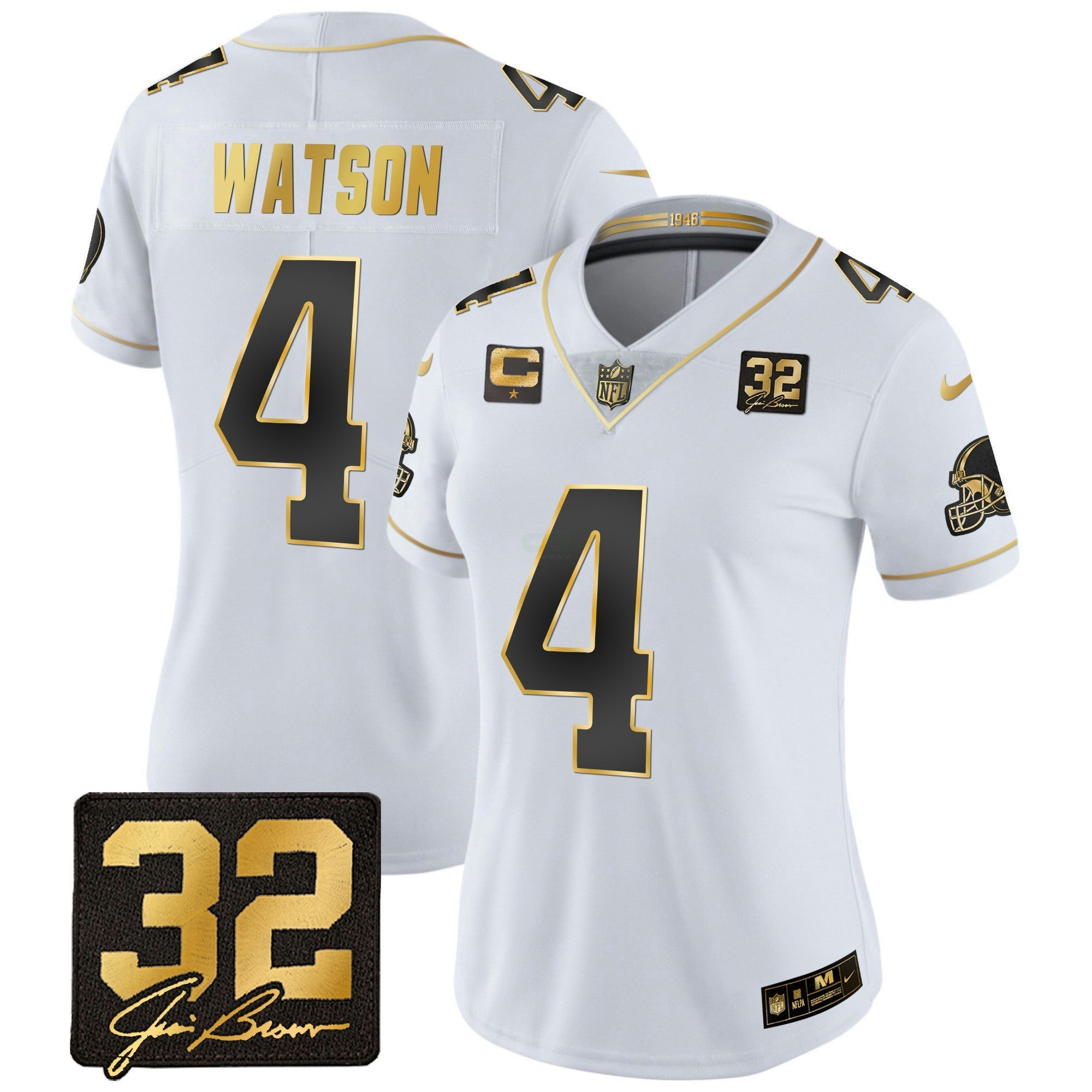 Camisa NFL Women’s #32 Jim Brown Memorial Patch Dourada Jersey