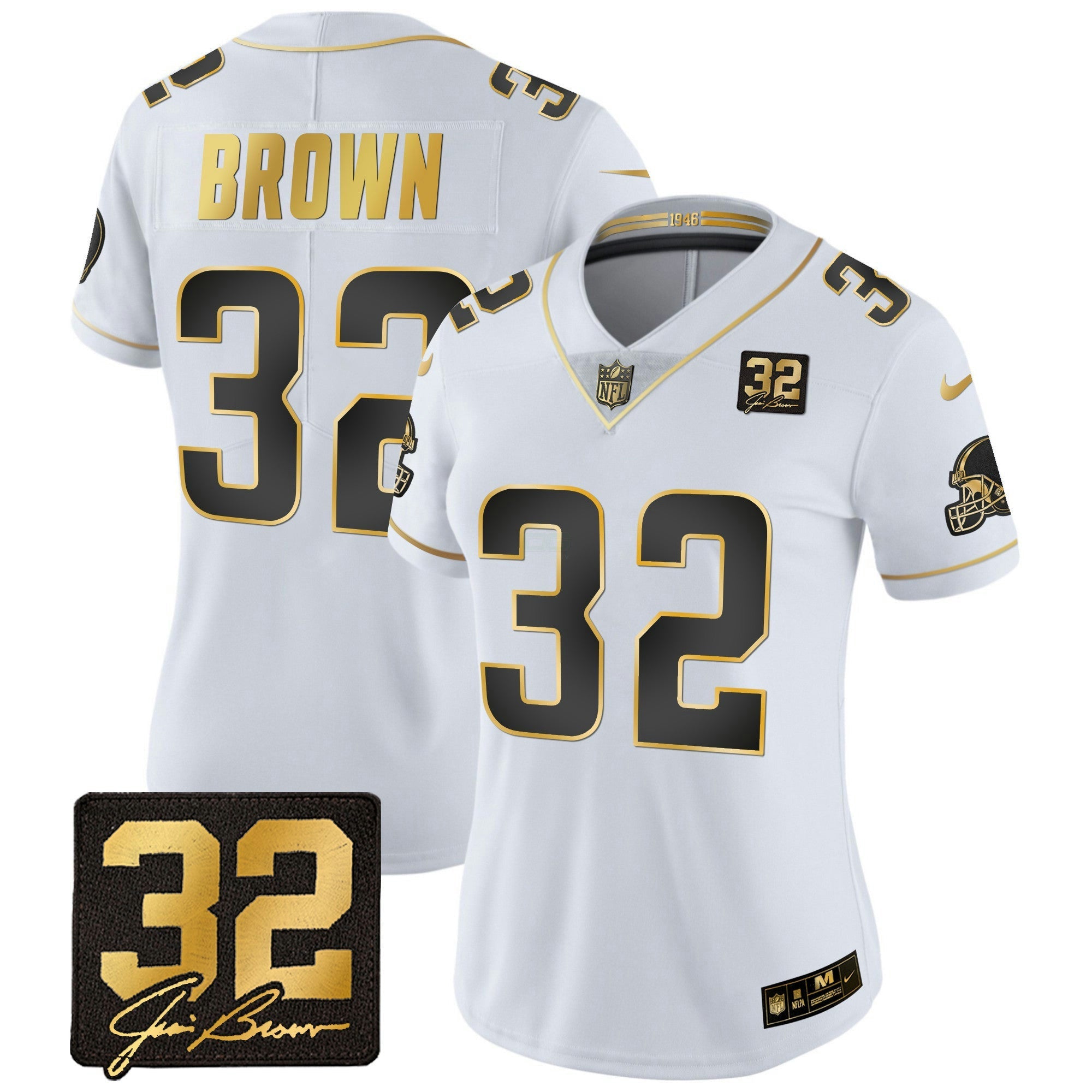 Camisa NFL Women’s #32 Jim Brown Memorial Patch Dourada Jersey