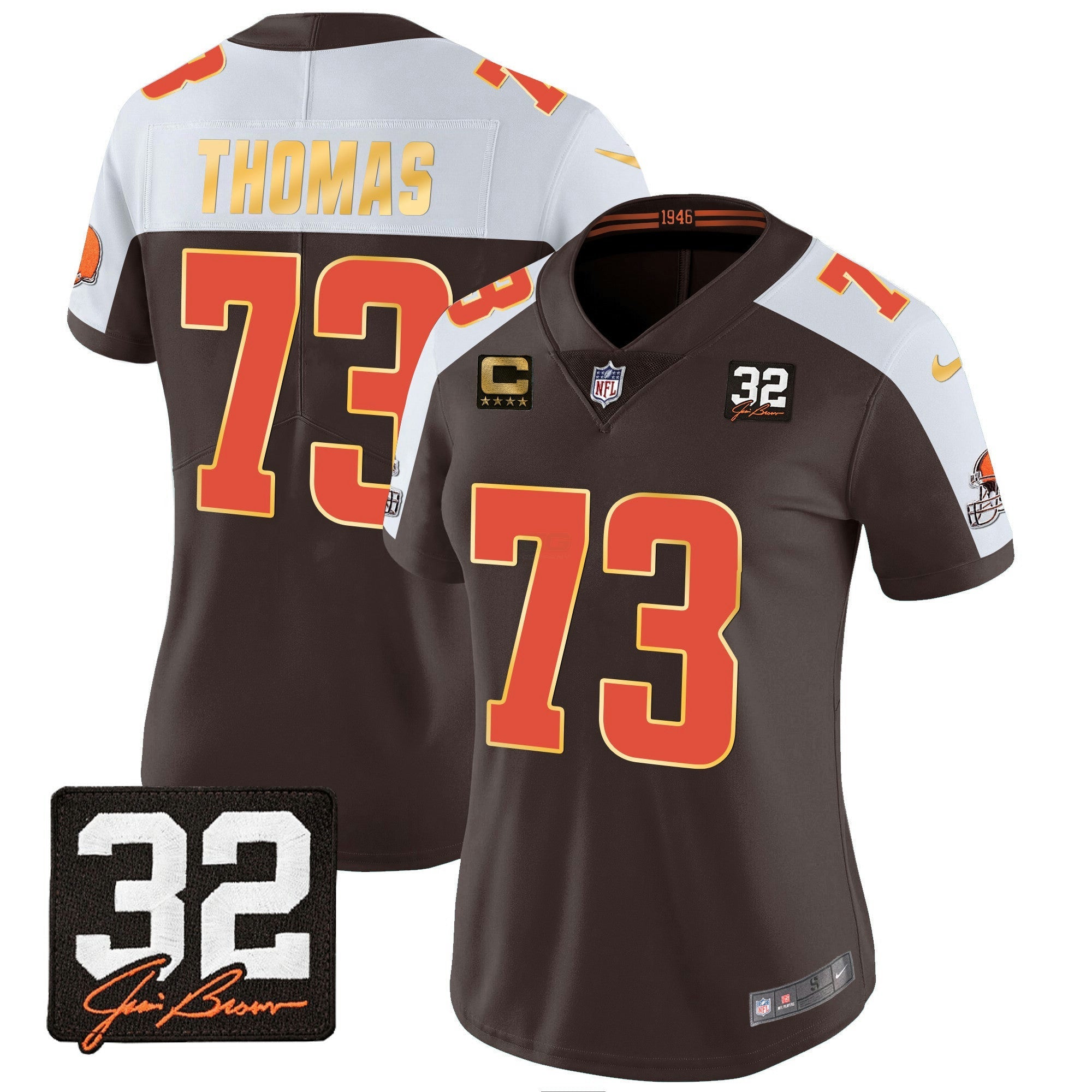 Camisa NFL Women’s #32 Jim Brown Memorial Patch Dourada Trim Jersey