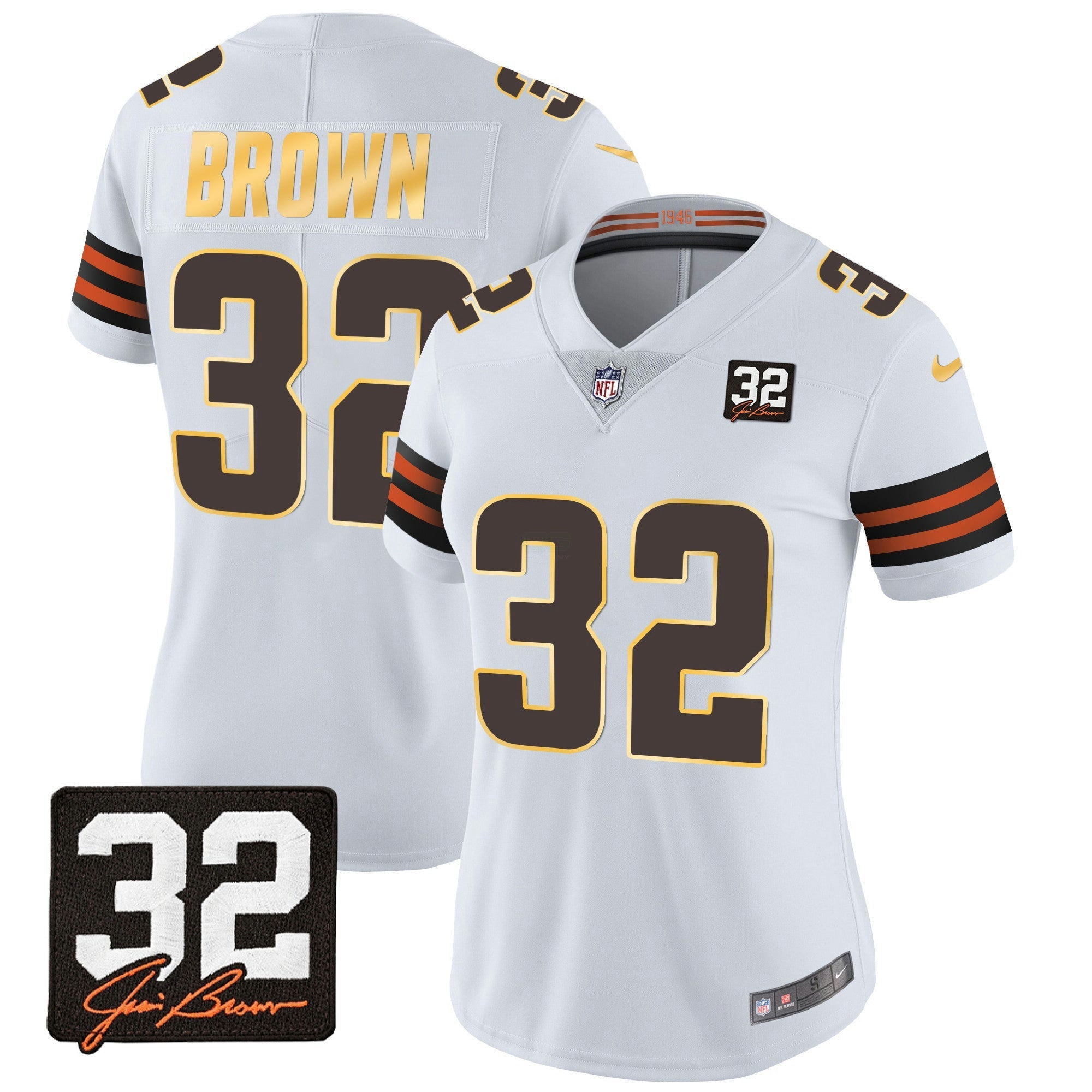 Camisa NFL Women’s #32 Jim Brown Memorial Patch Dourada Trim Jersey
