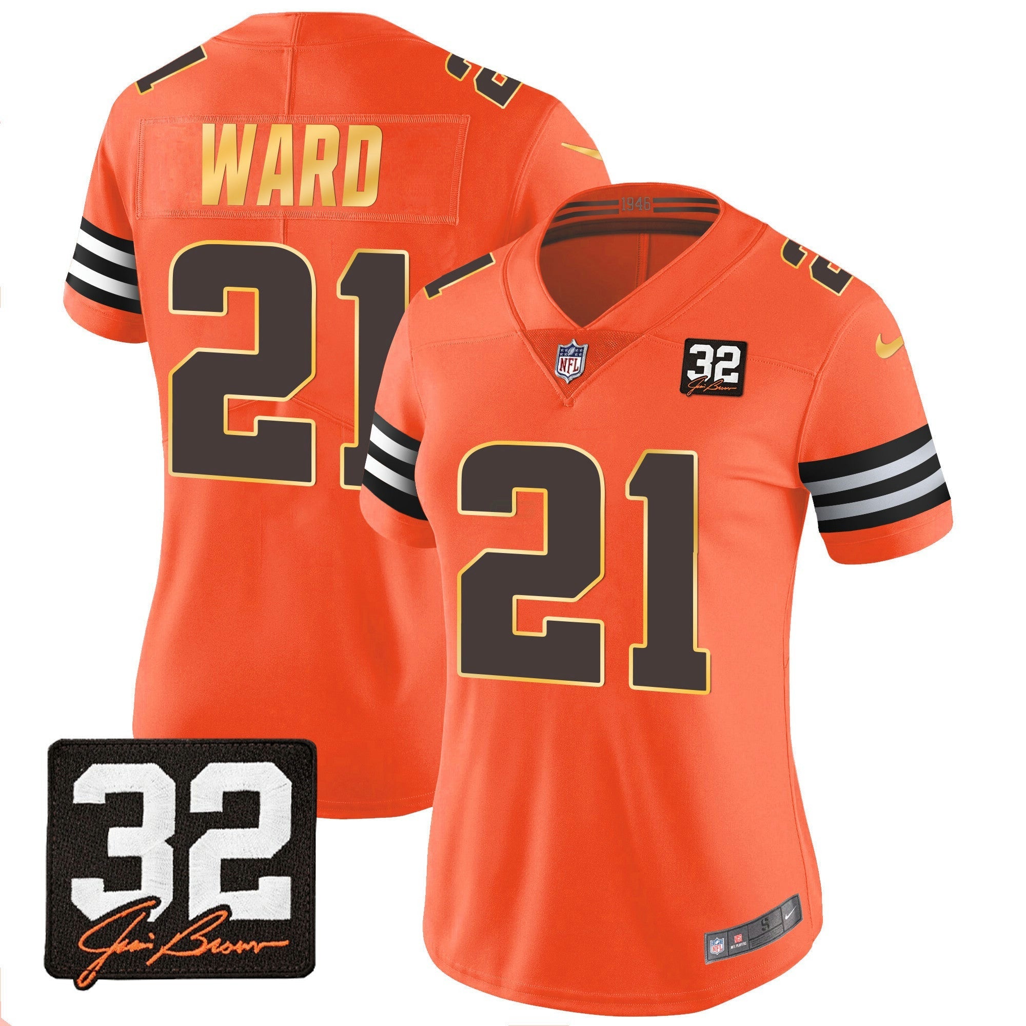 Camisa NFL Women’s #32 Jim Brown Memorial Patch Dourada Trim Jersey