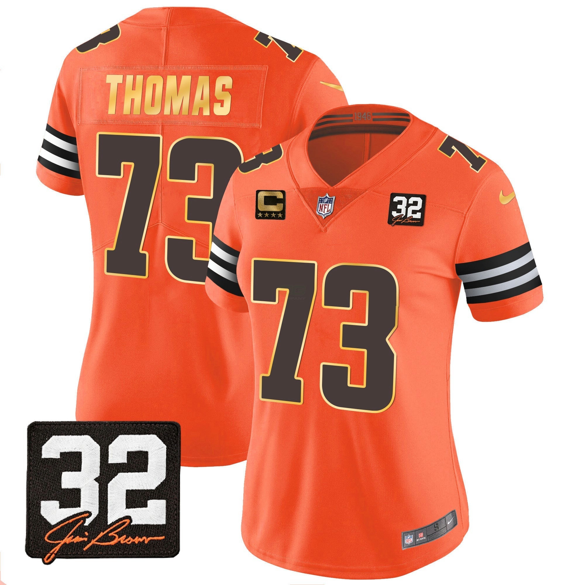 Camisa NFL Women’s #32 Jim Brown Memorial Patch Dourada Trim Jersey